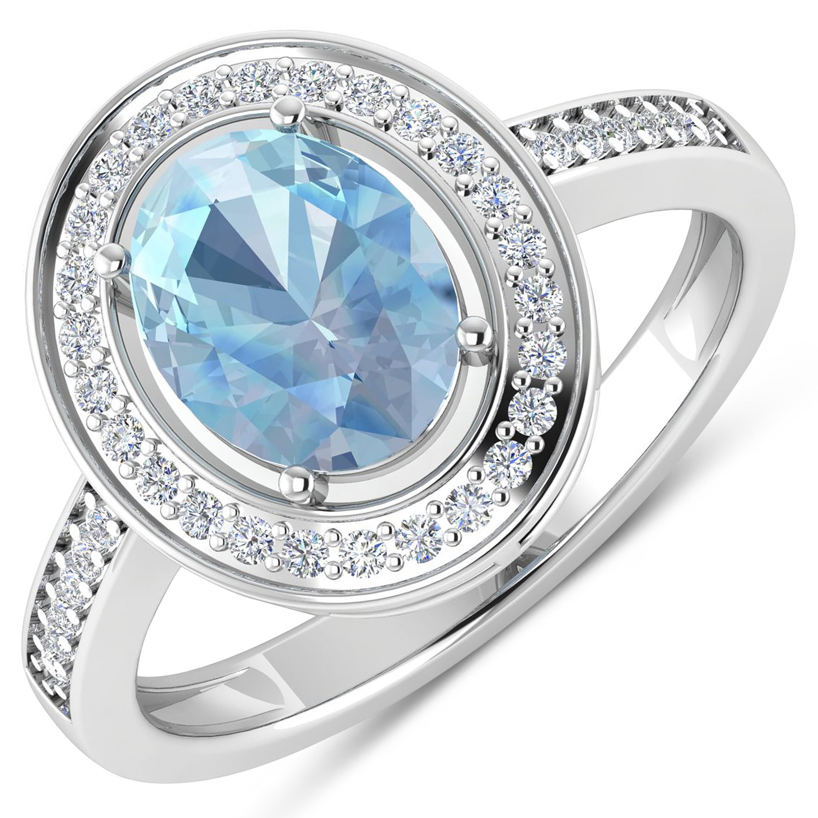 14KT White Gold 1.28ctw Aquamarine and Diamond Ring: Aquamarine (AA+) Oval 9x7mm - 1Pc + White Diamond F/C Round 1.10mm - 26Pcs + White Diamond F/C Round 1.00mm - 12Pcs (I1-I2/I color) Total weight of gemstone is 1.28cts. Total Diamond weight is 0.22cts