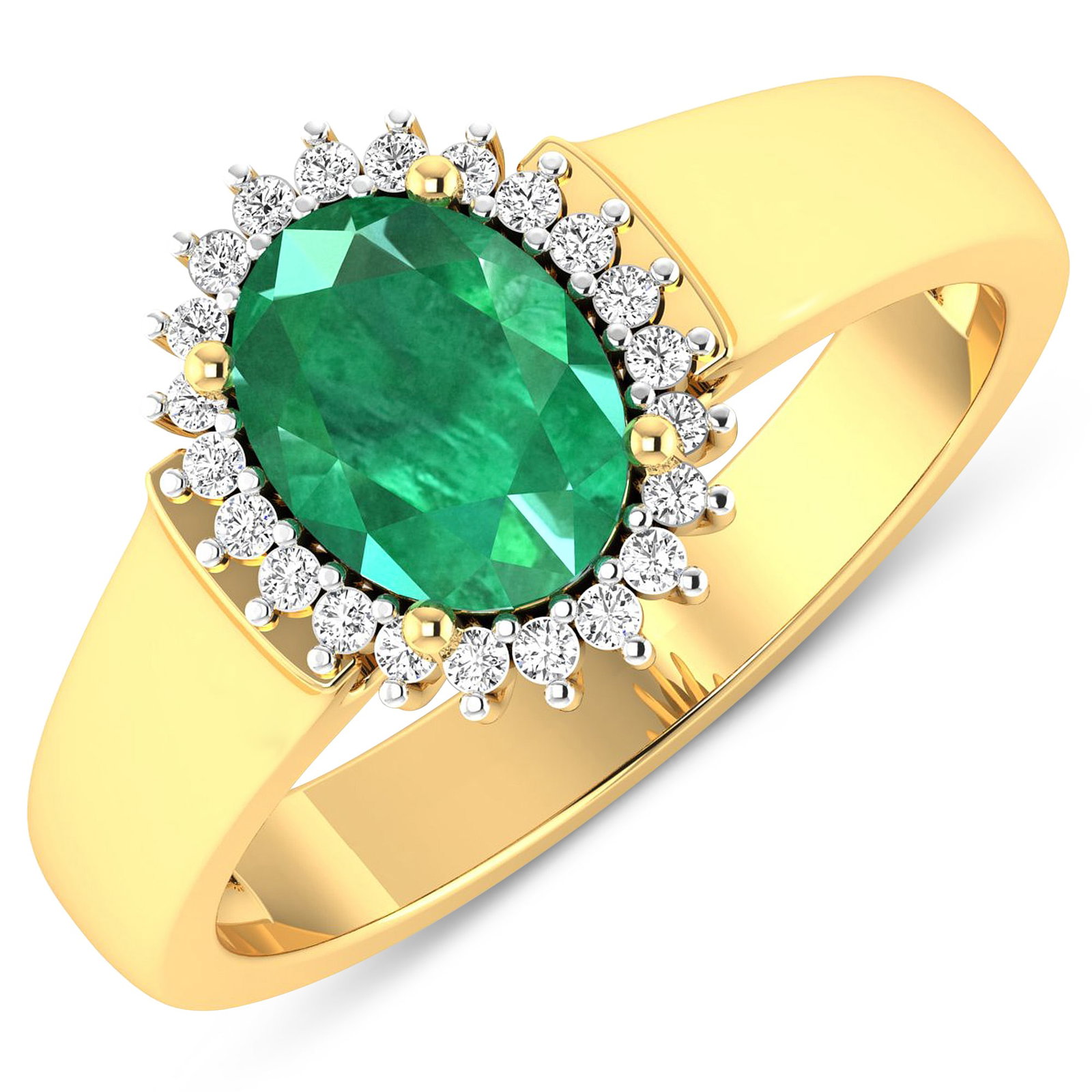 14KT Yellow Gold 1ct Zambian Emerald and Diamond Ring: Zambian Emerald (AA) Oval 8x6mm - 1Pc + White Diamond F/C Round 1.00mm - 22Pcs ( White Pan Rhodium ) (I1-I2/I color). Total weight of gemstone is 1cts. Total weight of Diamonds is 0.1cts. Total weight