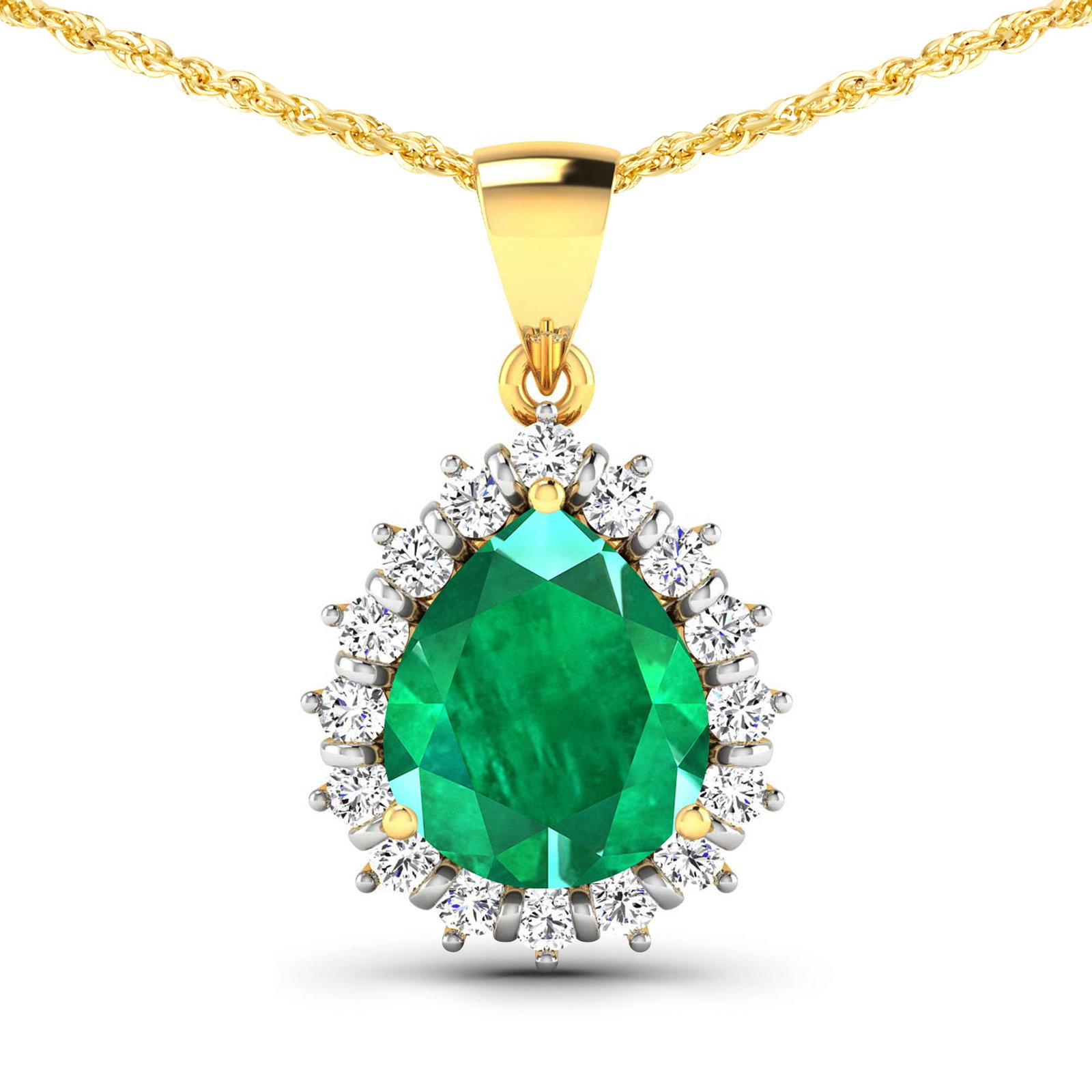 14KT Yellow Gold 2.85ctw Zambian Emerald and Diamond Pendant: Zambian Emerald (AA) Pears 11x9mm - 1Pc + White Diamond F/C Round 2.00mm - 16Pcs ( Diamond Quality : SI-2/HI ) Total weight of gemstone is 2.85cts. Total Diamond weight is 0.48cts. Total weight of thi
