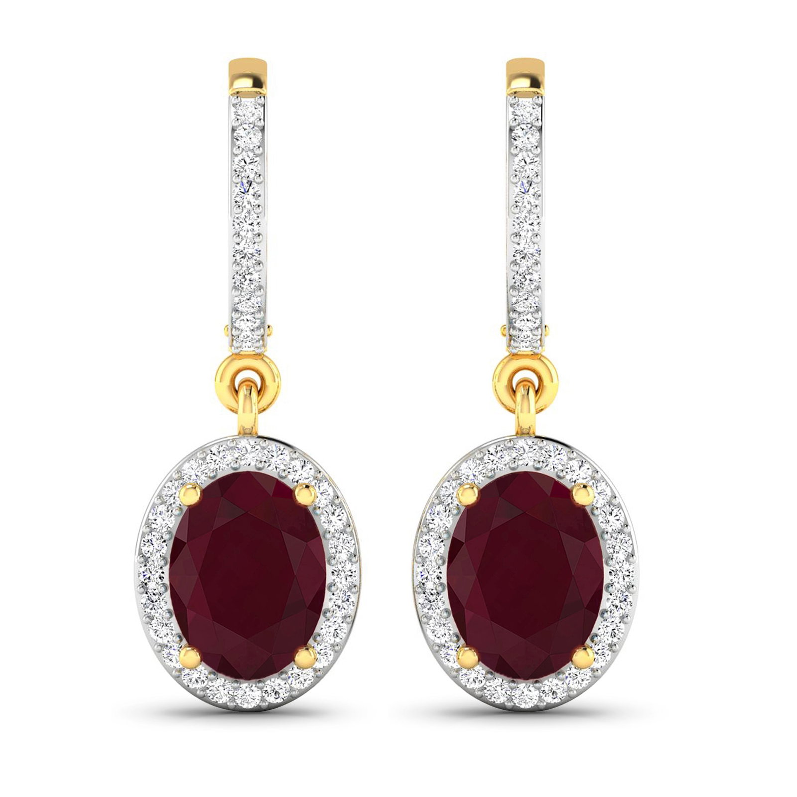 14KT Yellow Gold 3ctw Ruby and Diamond Earrings: Ruby (AA) Oval 8x6mm - 2Pcs + White Diamond F/C Round 1.00mm - 70Pcs ( Clip On ) ( White Pan Rhodium ) ( I1-I2/I color ) Total weight of gemstones is 3cts. Total Diamond weight is 0.32cts. Total weigh