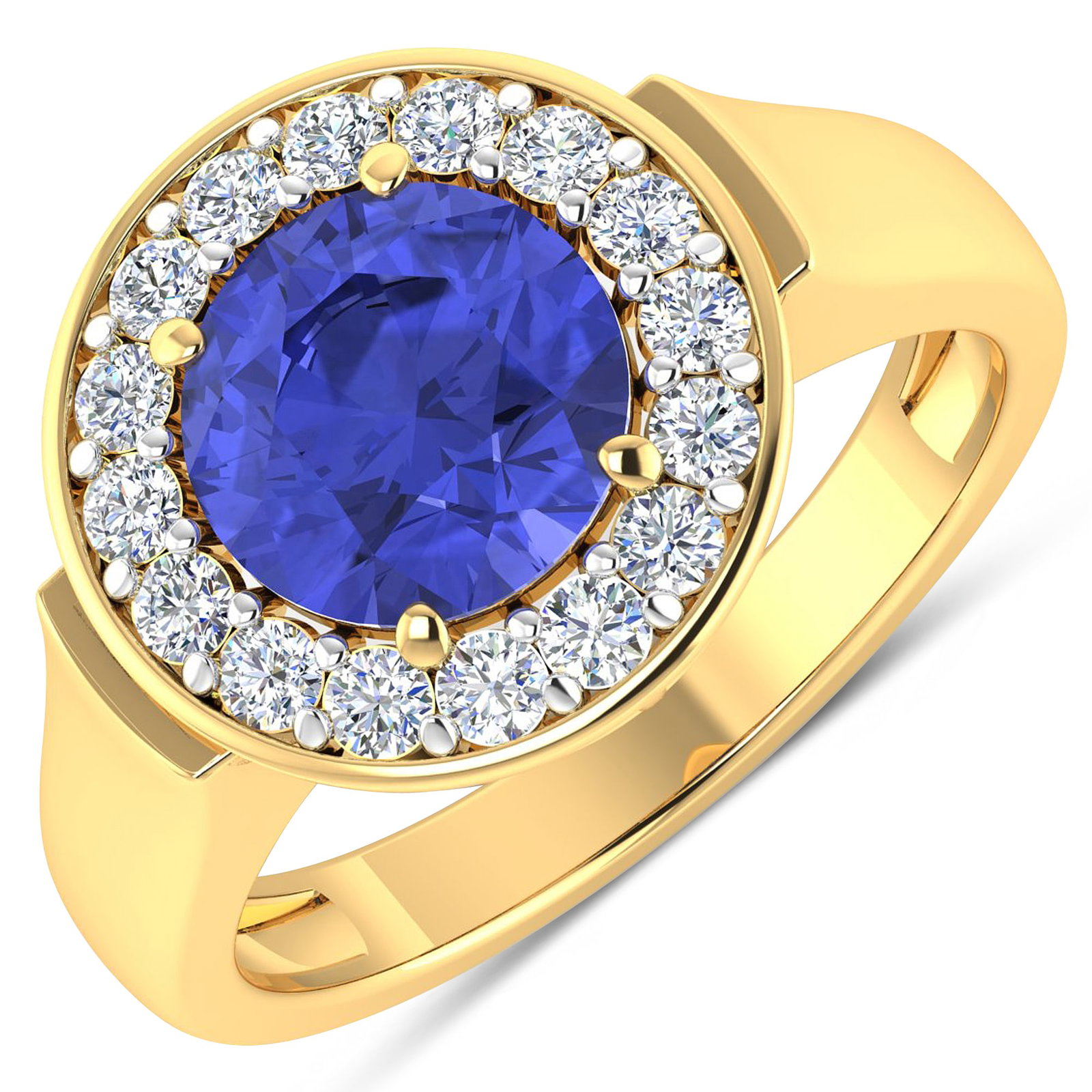 14KT Yellow Gold 2.02ct Tanzanite and Diamond Ring: Tanzanite (AA+) Round 8.00mm - 1Pc + White Diamond F/C Round 2.00mm - 16Pcs ( White Pan Rhodium ) ( Diamond Quality : SI-2/HI ). Total weight of gemstone is 2.02cts. Total weight of Diamonds is 0.48ct