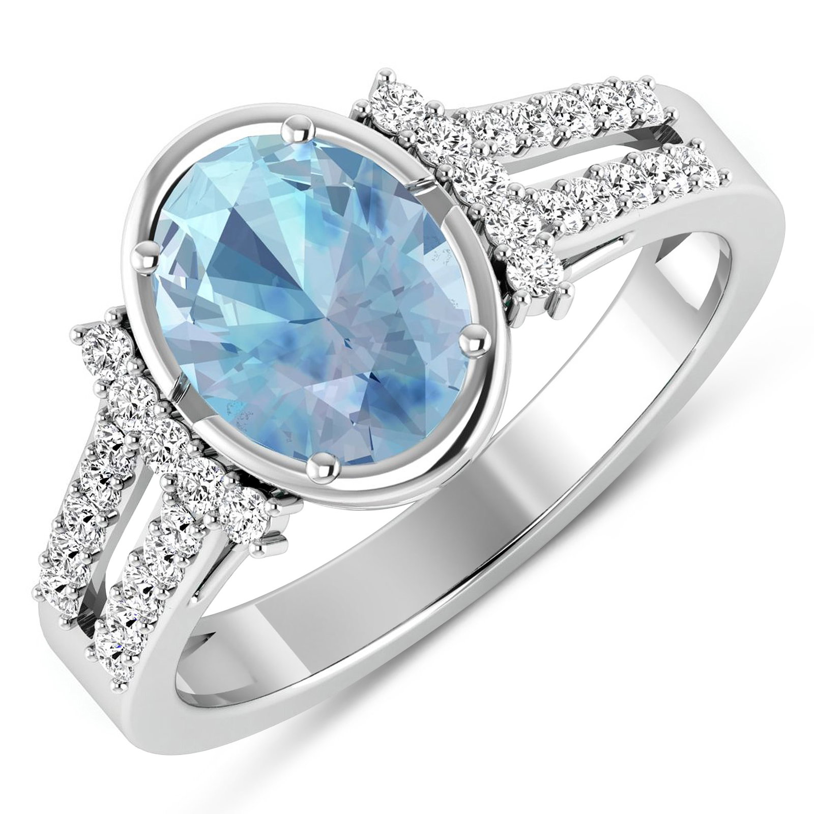 14KT White Gold 1.28ctw Aquamarine and Diamond Ring: Aquamarine (AA+) Oval 9x7mm - 1Pc + White Diamond F/C Round 1.30mm - 30Pcs ( SI-2/HI ) Total weight of gemstone is 1.28cts. Total Diamond weight is 0.3cts. Total weight of this ring is 3.17 grams. Rin