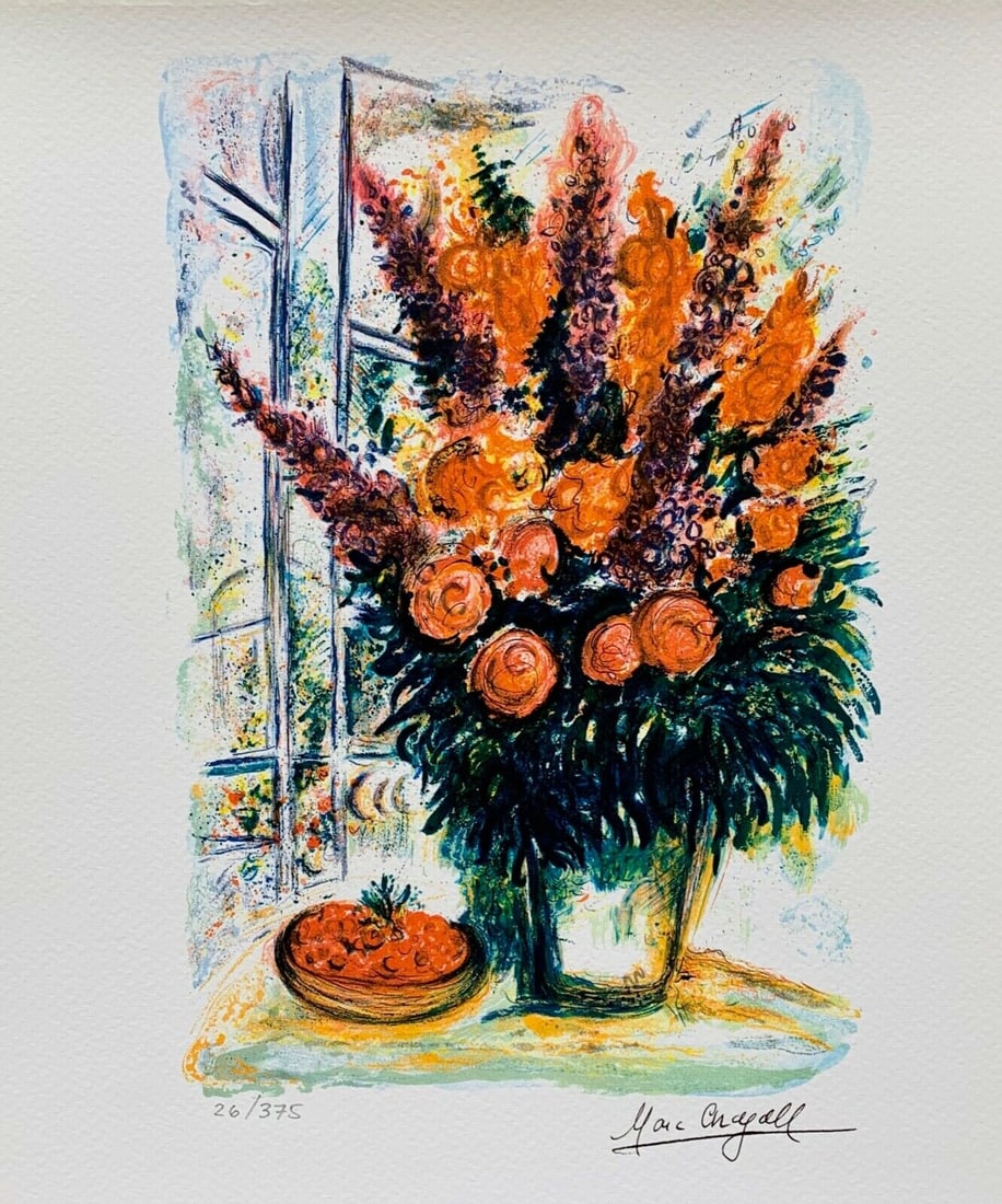 Marc Chagall BOUQUET WITH BOWL OF CHERRIES Limited Edition Facsimile Signed Giclee: This is a Marc Chagall limited edition extra small giclee titled BOUQUET WITH BOWL OF CHERRIES. This giclee is facsimile signed on the lower right and is pencil numbered on the lower left from an edit