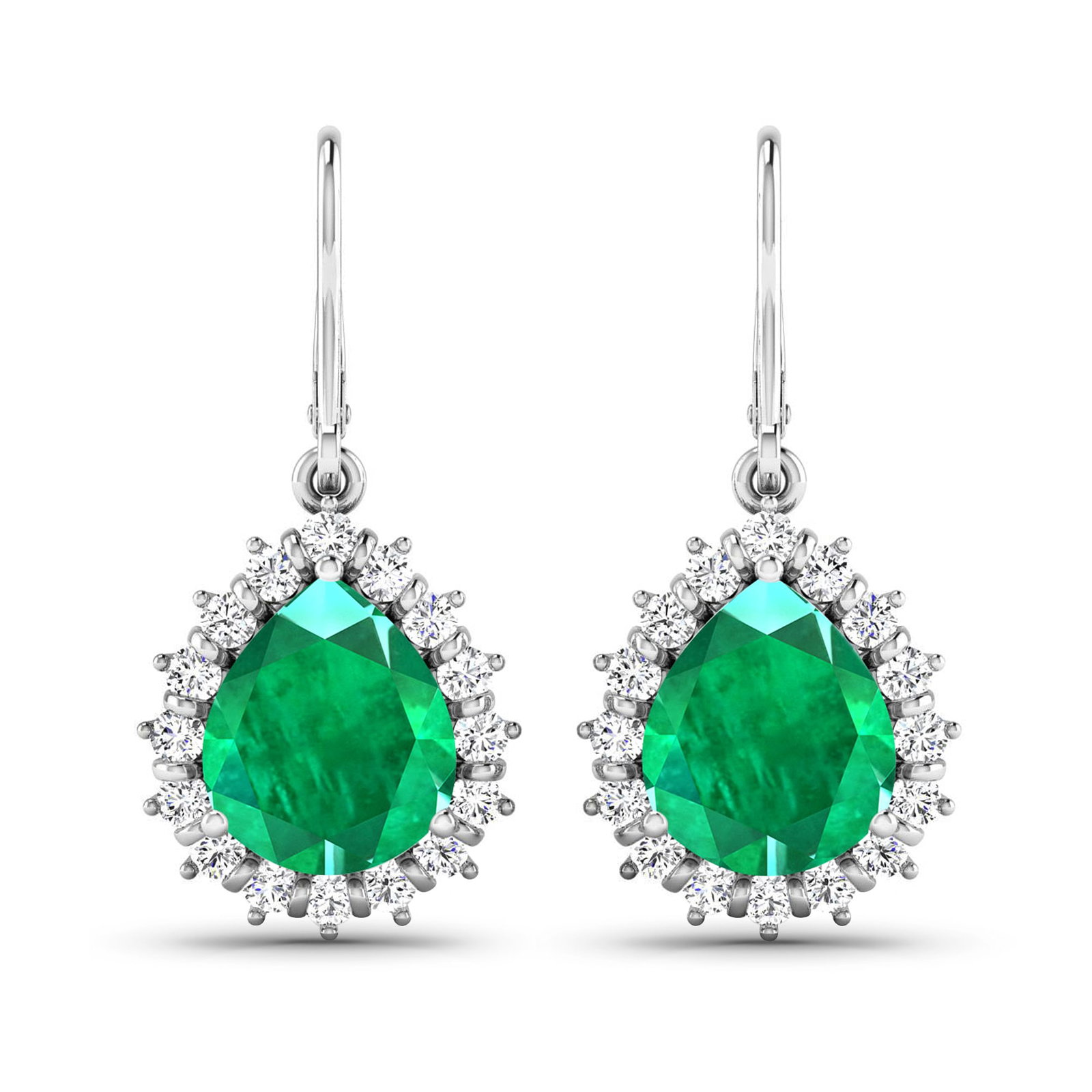 14KT White Gold 2.88ctw Zambian Emerald and Diamond Earrings: Zambian Emerald (AA) Pears 9x7mm - 2Pcs + White Diamond F/C Round 1.50mm - 32Pcs ( Diamond Quality : SI-2/HI ) Total weight of gemstones is 2.88cts. Total Diamond weight is 0.44cts. Total weight of th