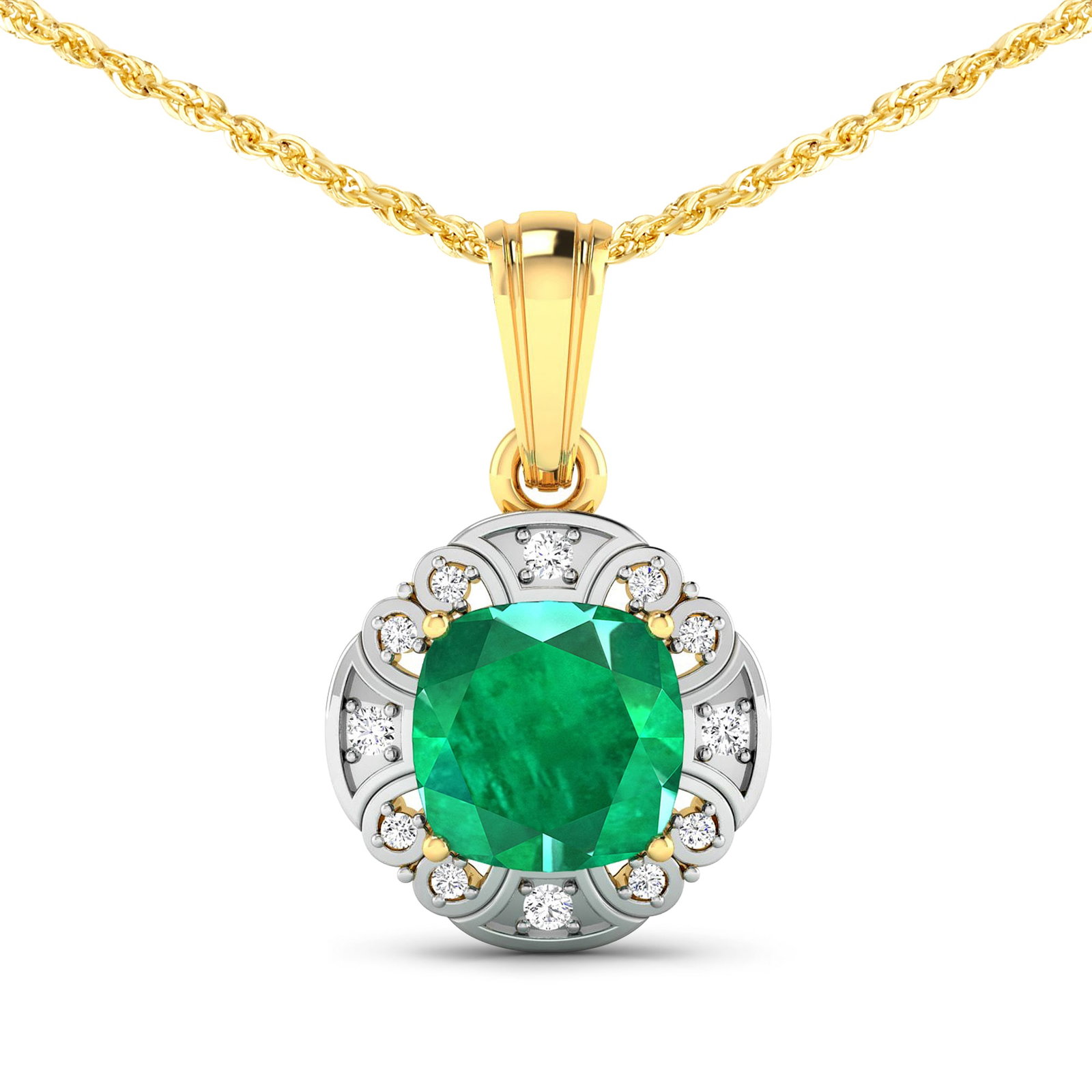 14KT Yellow Gold 2.07ctw Zambian Emerald and Diamond Pendant: Zambian Emerald (AA) Cushion 8.00mm - 1Pc + White Diamond F/C Round 1.50mm - 4Pcs + White Diamond F/C Round 1.00mm - 8Pcs ( White Pan Rhodium ) ( SI-2/HI ) Total weight of gemstone is 2.07cts. Total D