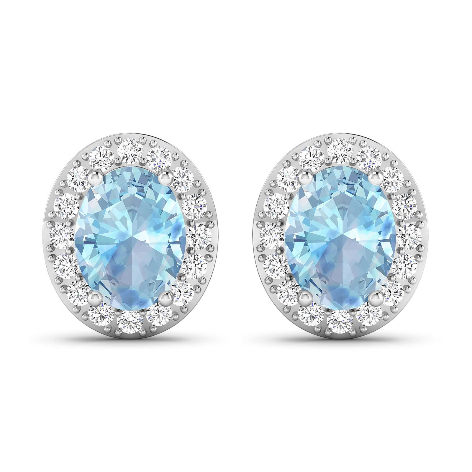 14KT White Gold 1.92ctw Aquamarine and Diamond Earrings: Aquamarine Oval 8x6mm - 2Pcs + White Diamond F/C Round 1.50mm - 32Pcs ( Diamond Quality : SI-2/HI ) ( Push Post ) Total weight of gemstones is 1.92cts. Total Diamond weight is 0.44cts. Total weight of