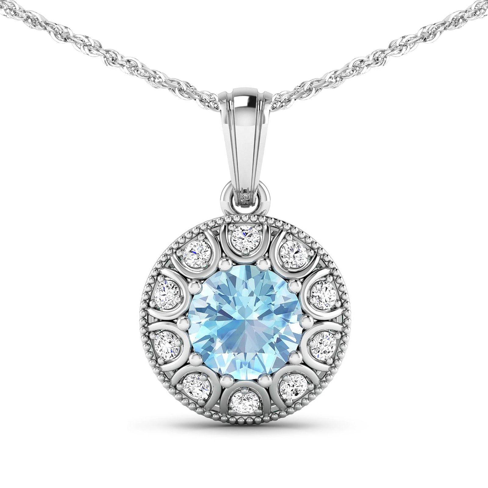 14KT White Gold 1.9ctw Aquamarine and Diamond Pendant: Aquamarine (AA+) Round 8.00mm - 1Pc + White Diamond F/C Round 2.00mm - 10Pcs ( SI-2/HI ) Total weight of gemstone is 1.9cts. Total Diamond weight is 0.3cts. Total weight of this pendant is 2.69 grams.