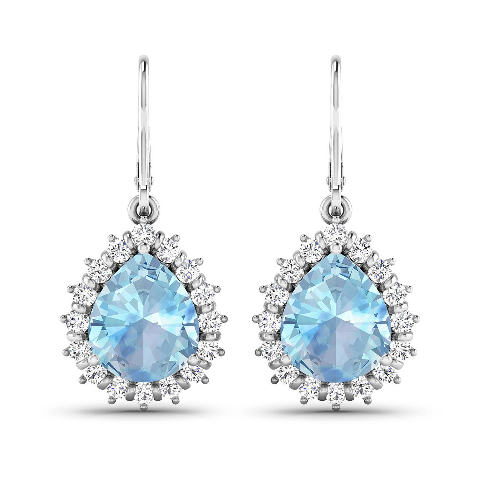 14KT White Gold 2.5ctw Aquamarine and Diamond Earrings: Aquamarine Pears 9x7mm - 2Pcs + White Diamond F/C Round 1.50mm - 32Pcs ( Diamond Quality : SI-2/HI ) Total weight of gemstones is 2.5cts. Total Diamond weight is 0.44cts. Total weight of these earring