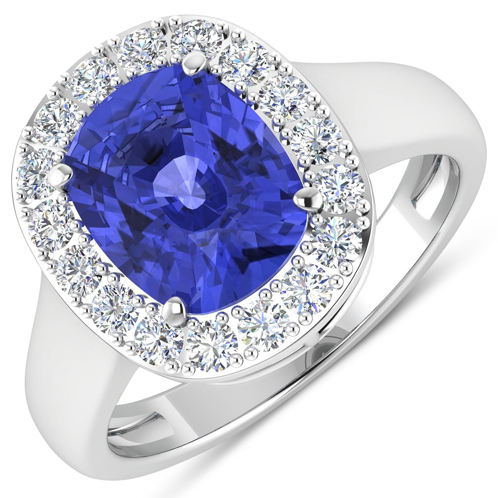 14KT White Gold 2.9ct Tanzanite and Diamond Ring: Tanzanite (AA+) Cushion 10x8mm - 1Pc + White Diamond F/C Round 2.00mm - 17Pcs ( Diamond Quality : SI-2/HI ). Total weight of gemstone is 2.9cts. Total weight of Diamonds is 0.51cts. Total weight of