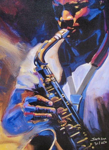 Christopher Jackson BLOWING THE SAX HORN Hand Signed Limited Edition Giclee on Canvas: This is a limited edition hand signed giclee on canvas titled BLOWING THE HORN by Christopher Jackson. This giclee is Hand Signed by Jackson. This subject is numbered from an edition of 250. Image siz