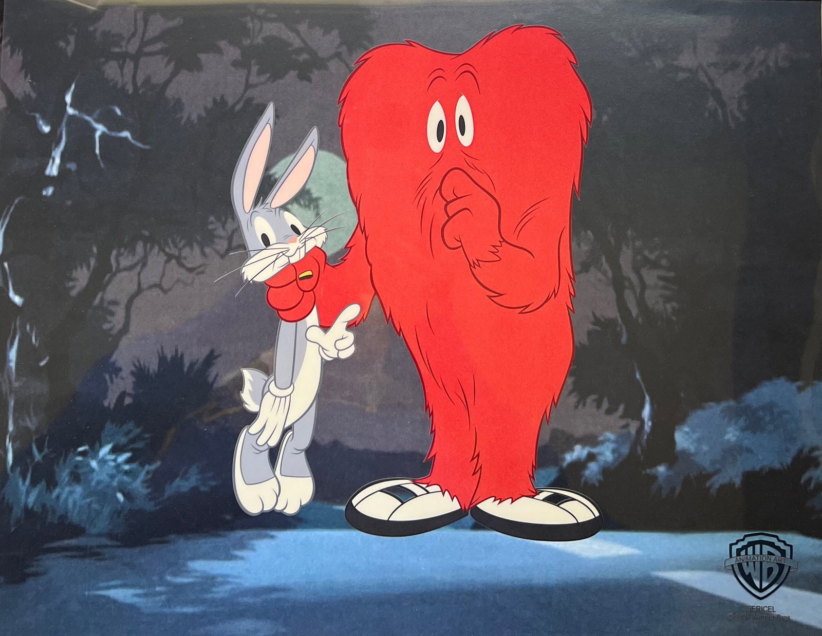 Warner Bros BUGS BUNNY & GOSSAMER Sericel Animation Art Cel: This is a limited edition sericel of Warner Bros Looney Tunes Bugs Bunny titled Hair Raising Hare. This fantastic animation features Bugs Bunny and Gossamer. This Cel measures 11 inches x 14 inches, c