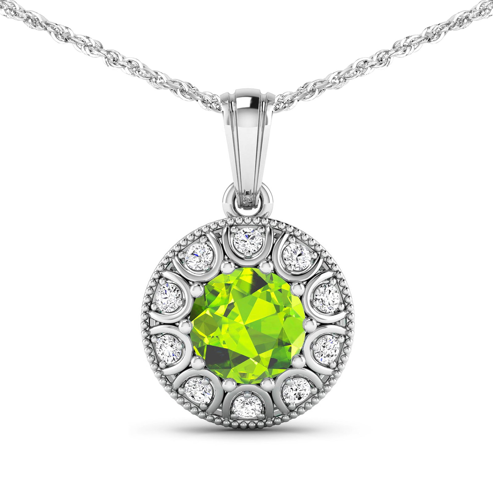 14KT White Gold 1.85ctw Peridot and Diamond Pendant: Peridot Round 8.00mm - 1Pc + White Diamond F/C Round 2.00mm - 10Pcs ( SI-2/HI ) Total weight of gemstone is 1.85cts. Total Diamond weight is 0.3cts. Total weight of this pendant is 2.68 grams.