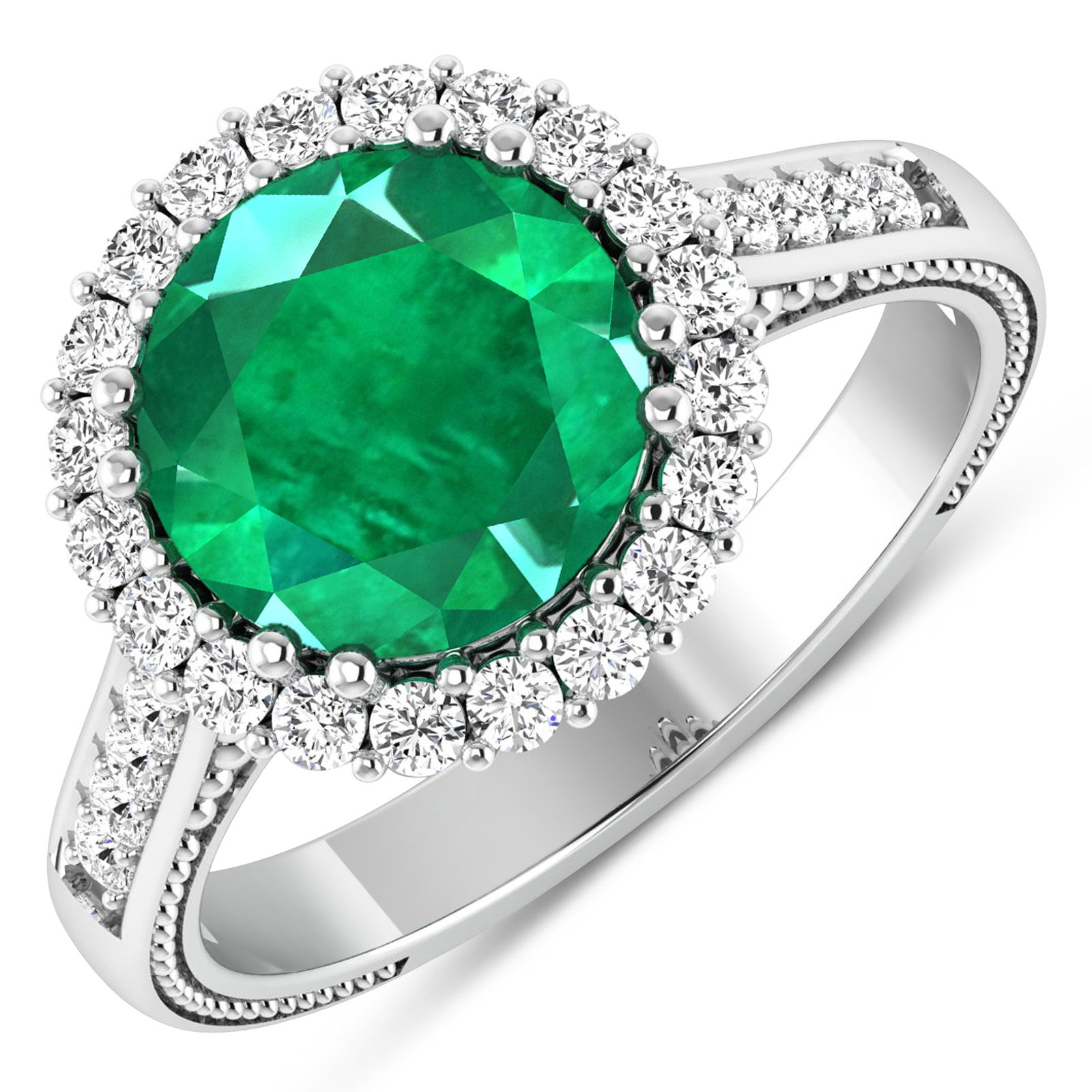 14KT White Gold 2.75ctw Zambian Emerald and Diamond Ring: Zambian Emerald (AA) Round 9.00mm - 1Pc + White Diamond F/C Round 1.90mm - 4Pcs + White Diamond F/C Round 1.60mm - 16Pcs + White Diamond F/C Round 1.40mm - 10Pcs ( SI-2/HI ) Total weight of gemstone i