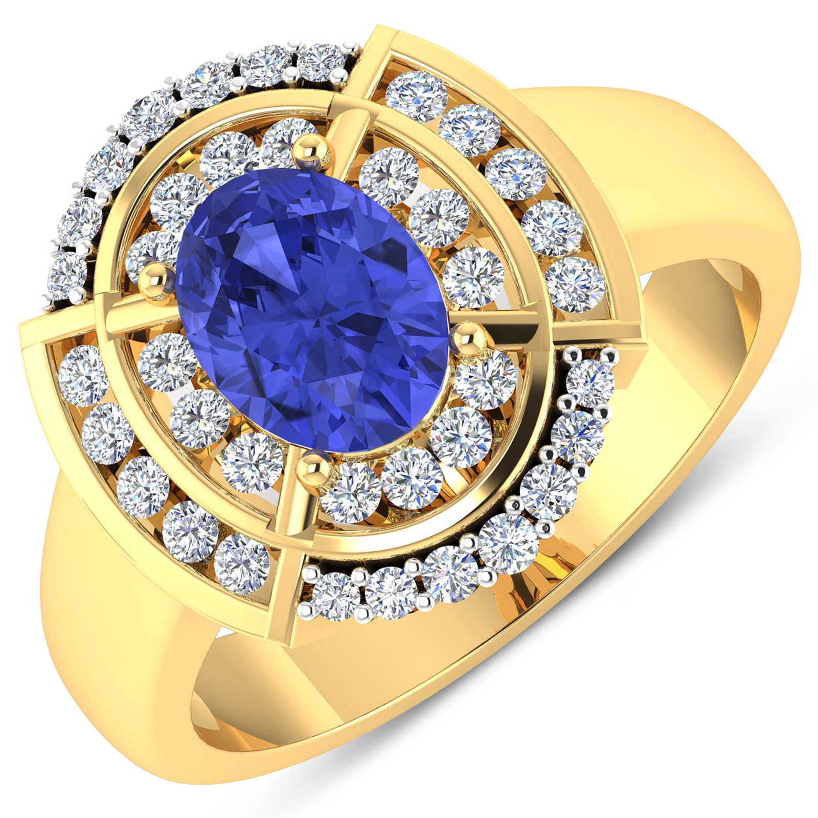 14KT Yellow Gold 1.09ct Tanzanite and Diamond Ring: Tanzanite (AA+) Oval 8x6mm - 1Pc + White Diamond F/C Round 1.50-1.60mm - 24Pcs + White Diamond F/C Round 1.20mm - 14Pcs ( White Pan Rhodium ) (I1-I2/I color). Total weight of gemstone is 1.09cts. Tota