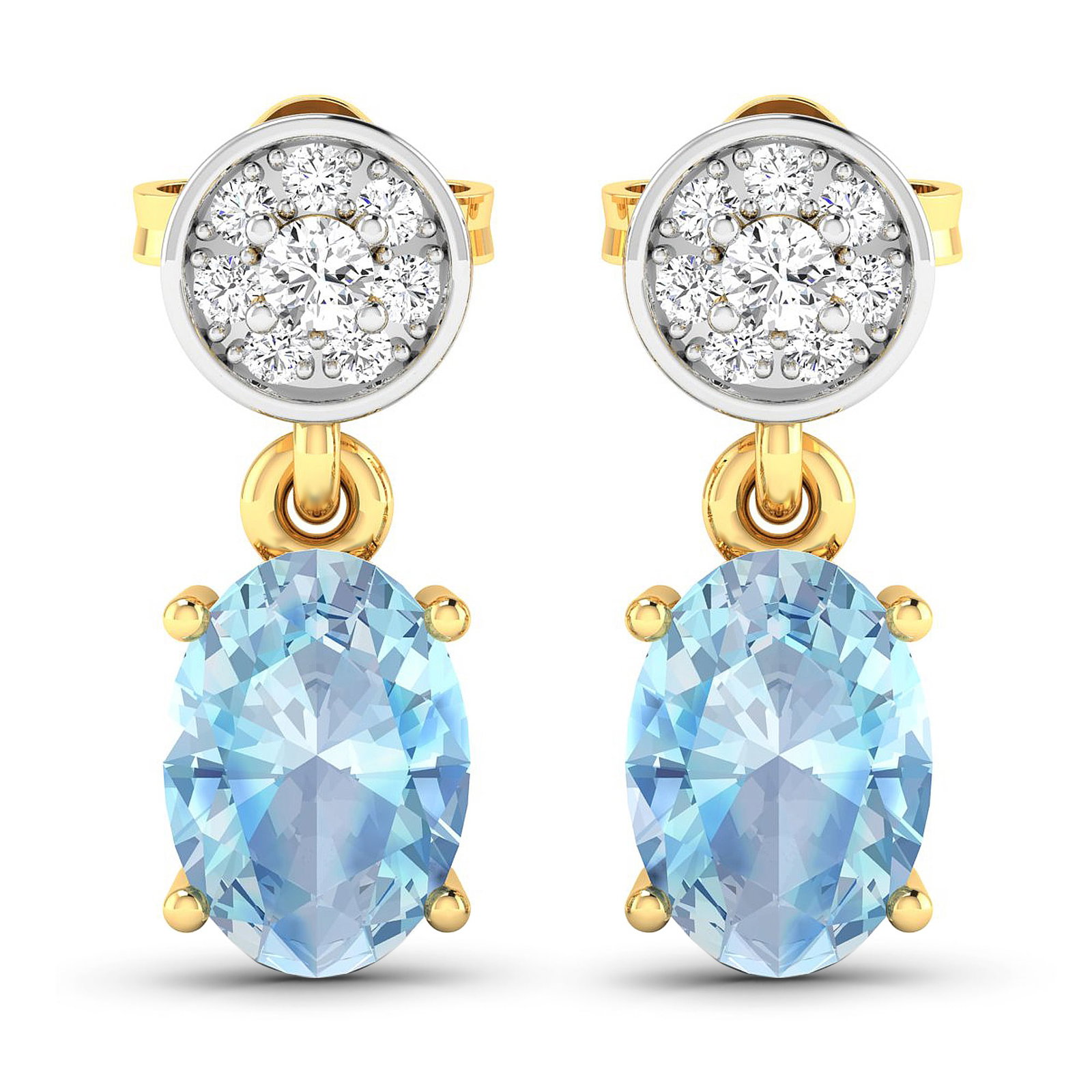 14KT Yellow Gold 1.02ctw Aquamarine and Diamond Earrings: Aquamarine (AA+) Oval 7x5mm - 2Pcs + White Diamond F/C Round 1.80mm - 2Pcs + White Diamond F/C Round 1.00mm - 14Pcs ( Push-Post ) ( White Pan Rhodium ) ( I1-I2/I color ) Total weight of gemstones is