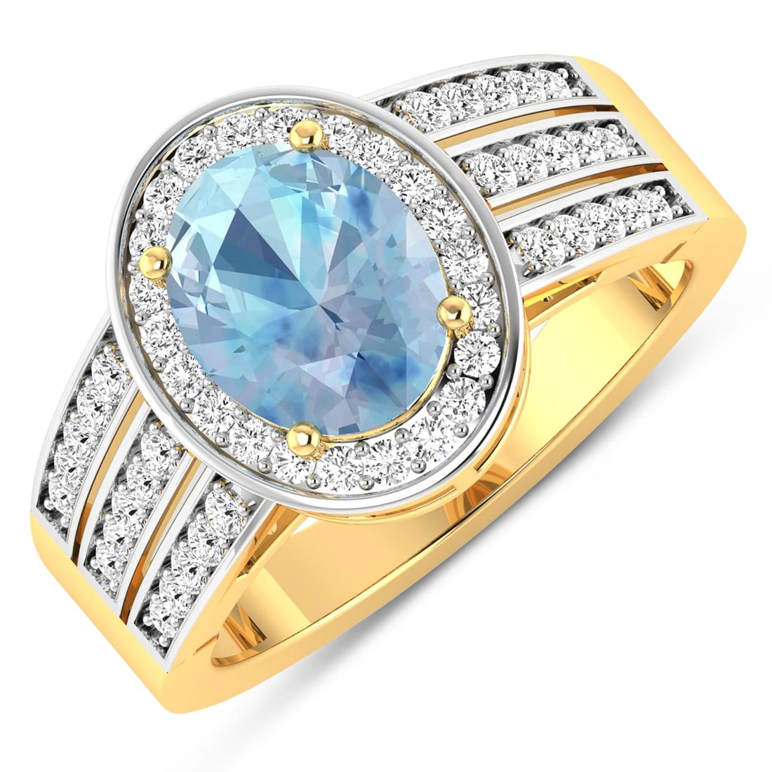 14KT Yellow Gold 1.28ctw Aquamarine and Diamond Ring: Aquamarine (AA+) Oval 9x7mm - 1Pc + White Diamond F/C Round 1.30mm - 32Pcs + White Diamond F/C Round 1.20mm - 6Pcs + White Diamond F/C Round 1.10mm - 6Pcs + White Diamond F/C Round 1.00mm - 8Pcs (