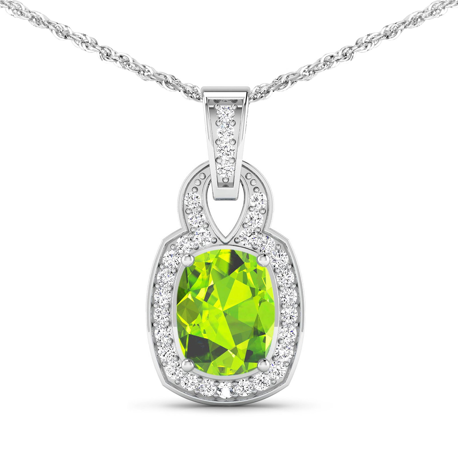 14KT White Gold 2ctw Peridot and Diamond Pendant: Peridot Cushion 9x7mm - 1Pc + White Diamond F/C Round 1.20mm - 31Pcs ( SI2/HI color ) Total weight of gemstone is 2cts. Total Diamond weight is 0.25cts. Total weight of this pendant is 2.11 grams.