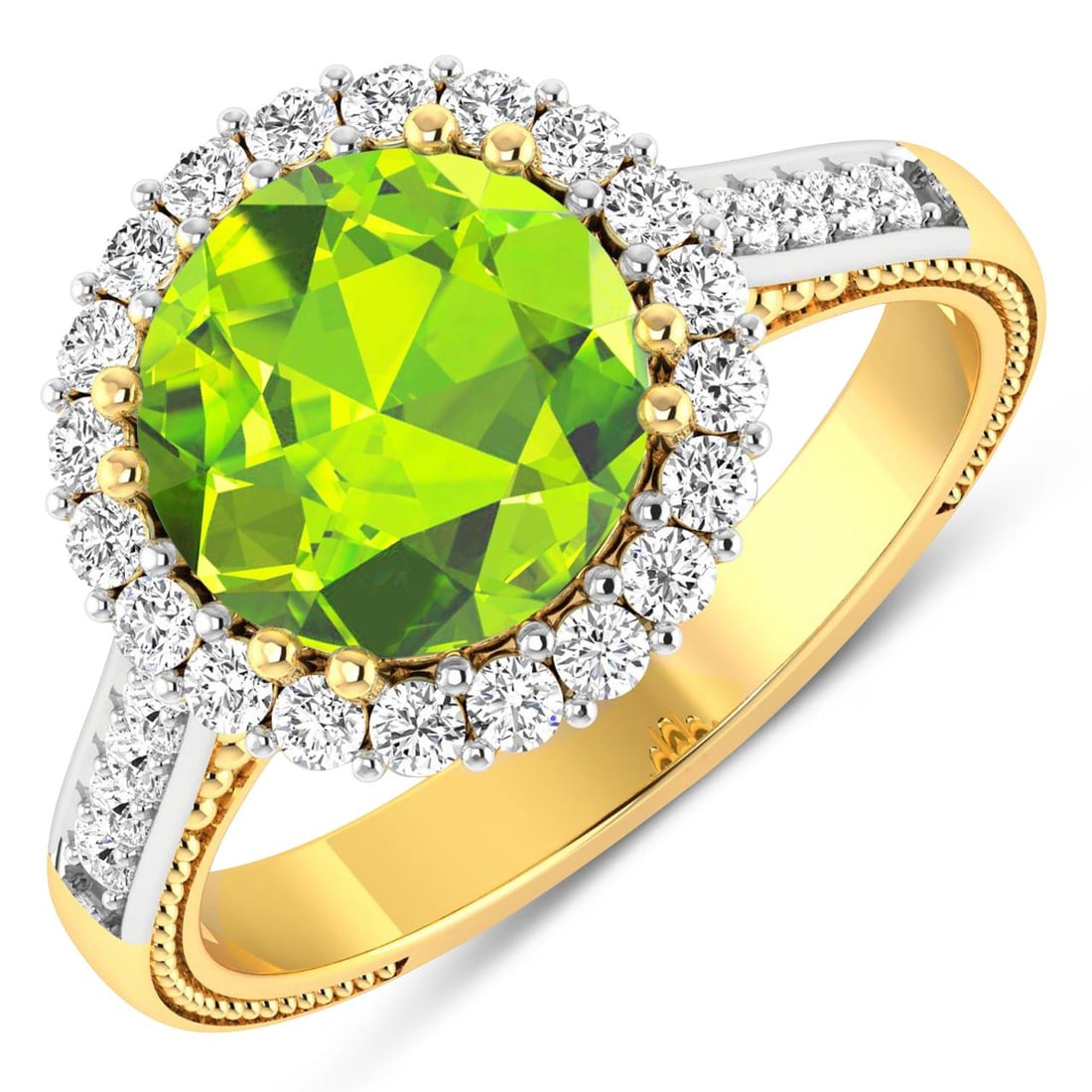 14KT Yellow Gold 2.6ctw Peridot and Diamond Ring: Peridot Round 9.00mm - 1Pc + White Diamond F/C Round 1.90mm - 4Pcs + White Diamond F/C Round 1.60mm - 16Pcs + White Diamond F/C Round 1.40mm - 10Pcs ( White Pan Rhodium ) ( SI-2/HI ) Total weight of g