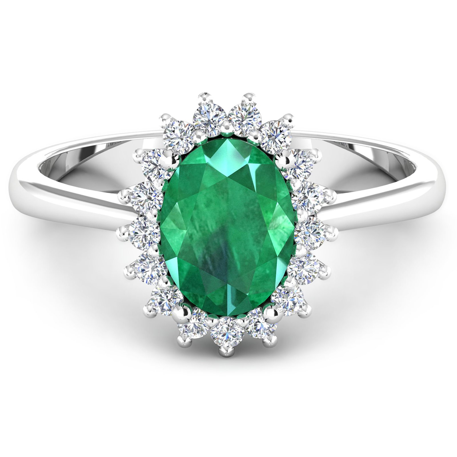 14KT White Gold 1.53ct Zambian Emerald and Diamond Ring: 1 Zambian Emerald with a total weight of 1.53cts. Zambian Emerald (AA) Oval 9x7mm - 1Pc + White Diamond F/C Round 1.40mm - 20Pcs (I1-I2/I color). 0.22cts of Diamonds. Total weight of this ring is