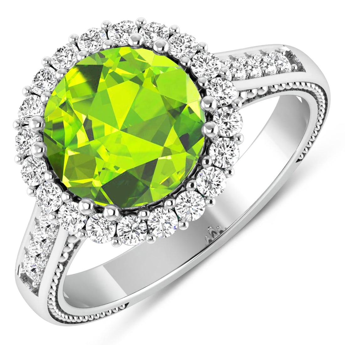 14KT White Gold 2.6ctw Peridot and Diamond Ring: Peridot Round 9.00mm - 1Pc + White Diamond F/C Round 1.90mm - 4Pcs + White Diamond F/C Round 1.60mm - 16Pcs + White Diamond F/C Round 1.40mm - 10Pcs ( SI-2/HI ) Total weight of gemstone is 2.6cts. Tot