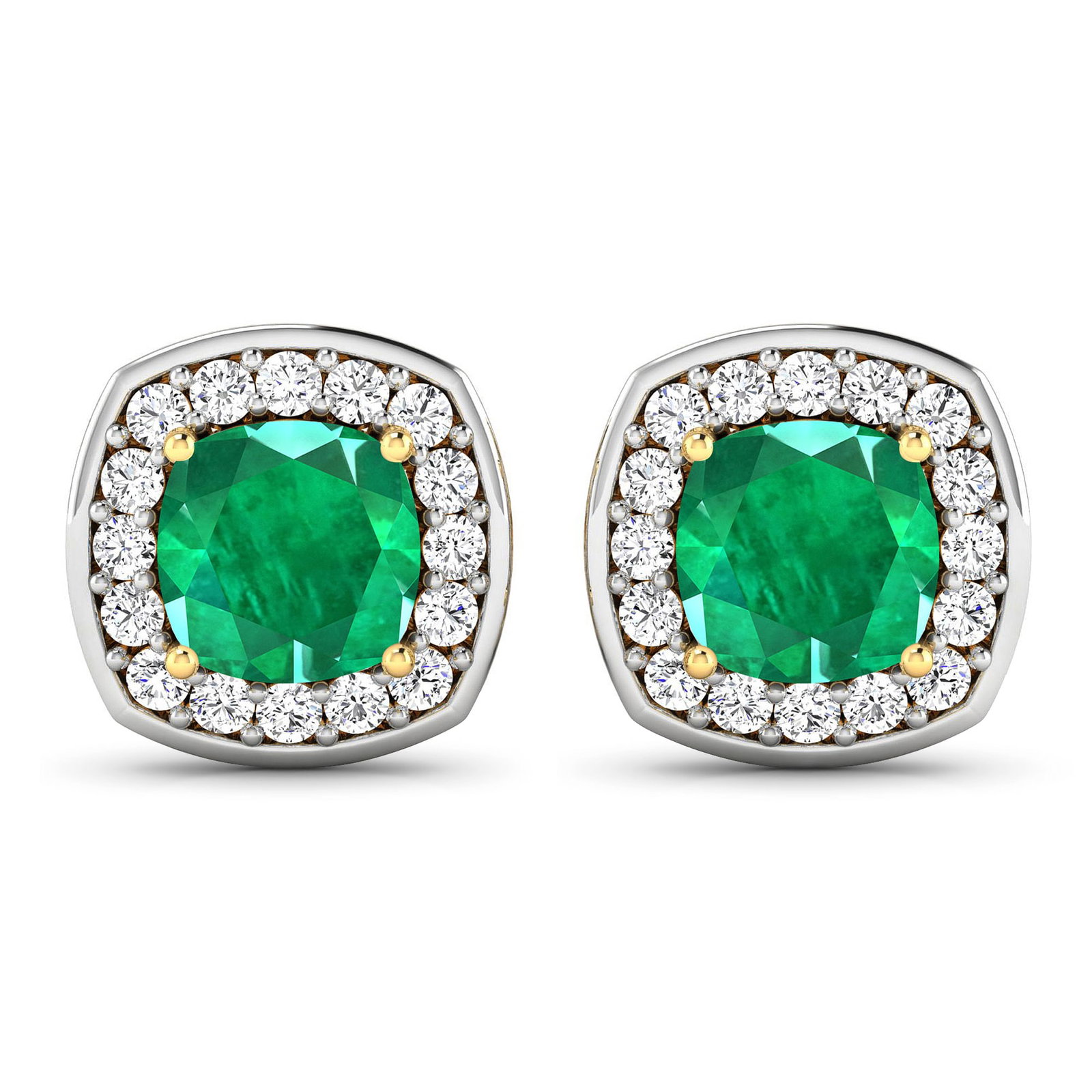 14KT Yellow Gold 1.92ctw Zambian Emerald and Diamond Earrings: Zambian Emerald (AA) Cushion 6.00mm - 2Pcs + White Diamond F/C Round 1.50mm - 32Pcs ( Diamond Quality : SI-2/HI ) ( Push Post ) Total weight of gemstones is 1.92cts. Total Diamond weight is 0.44cts. T