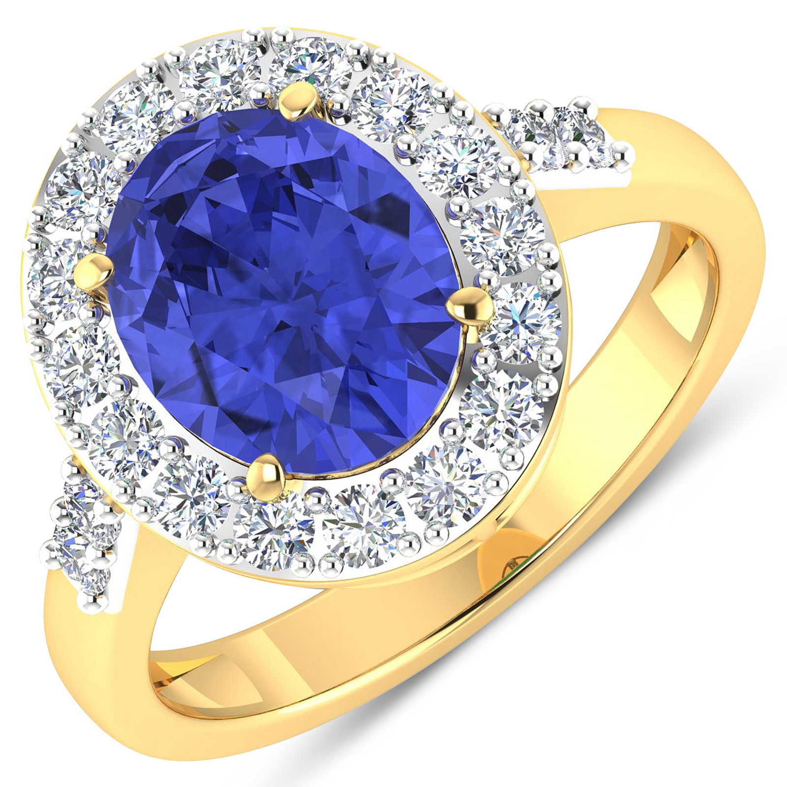 14KT Yellow Gold 2.21ct Tanzanite and Diamond Ring: Tanzanite (AA+) Oval 10x8mm - 1Pc + White Diamond F/C Round 2.00mm - 20Pcs ( White Pan Rhodium ) ( Diamond Quality : SI-2/HI ). Total weight of gemstone is 2.21cts. Total weight of Diamonds is 0.6cts.