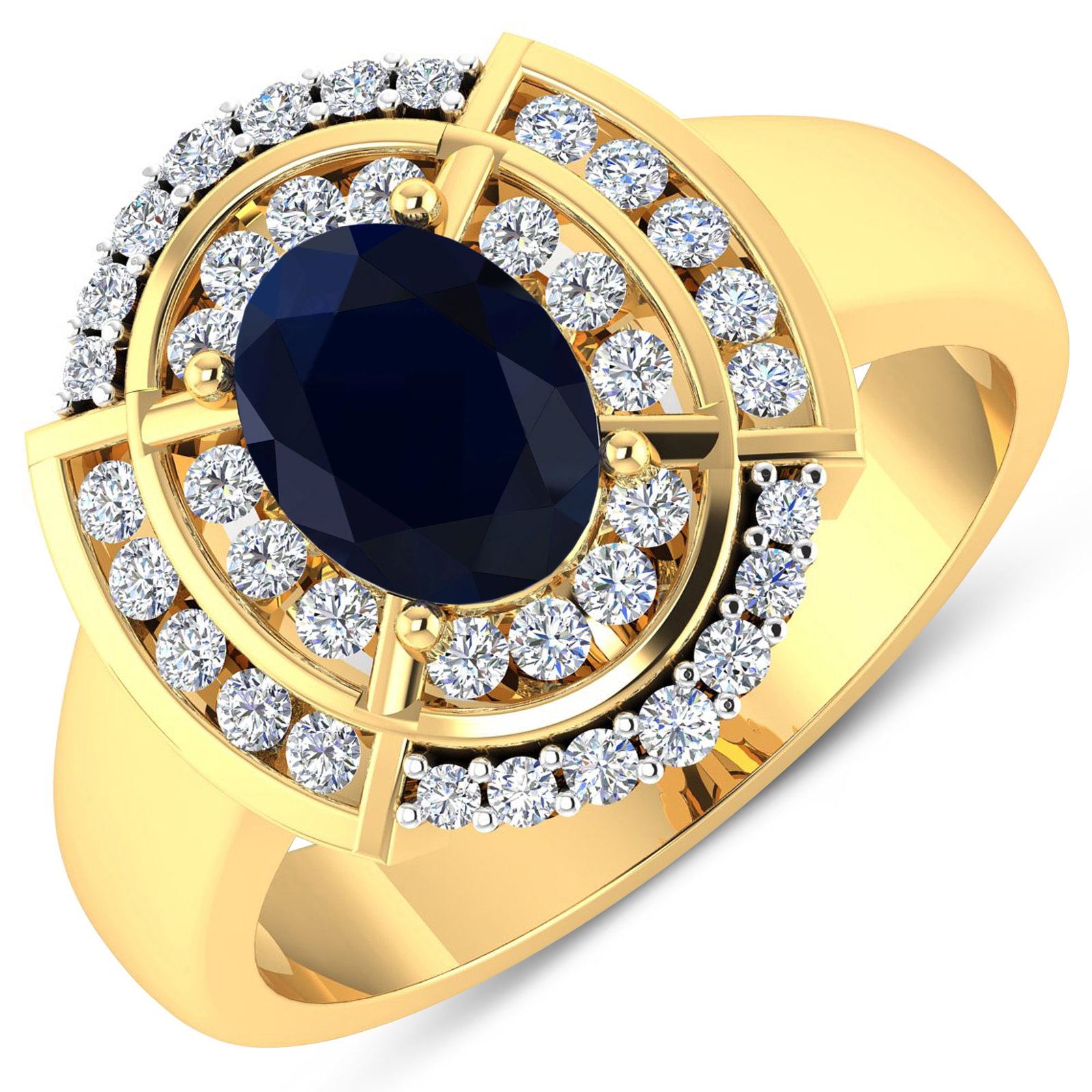 14KT Yellow Gold 1.3ct Blue Sapphire and Diamond Ring: Blue Sapphire (AA) Oval 8x6mm - 1Pc + White Diamond F/C Round 1.50-1.60mm - 24Pcs + White Diamond F/C Round 1.20mm - 14Pcs ( White Pan Rhodium ) (I1-I2/I color). Total weight of gemstone is 1.3cts. To