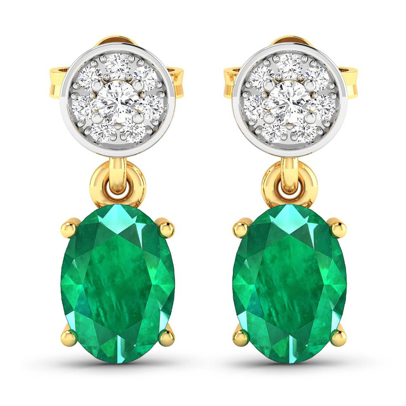 14KT Yellow Gold 1.12ctw Zambian Emerald and Diamond Earrings: Zambian Emerald (AA) Oval 7x5mm - 2Pcs + White Diamond F/C Round 1.80mm - 2Pcs + White Diamond F/C Round 1.00mm - 14Pcs ( Push-Post ) ( White Pan Rhodium ) ( I1-I2/I color ) Total weight of gemstones
