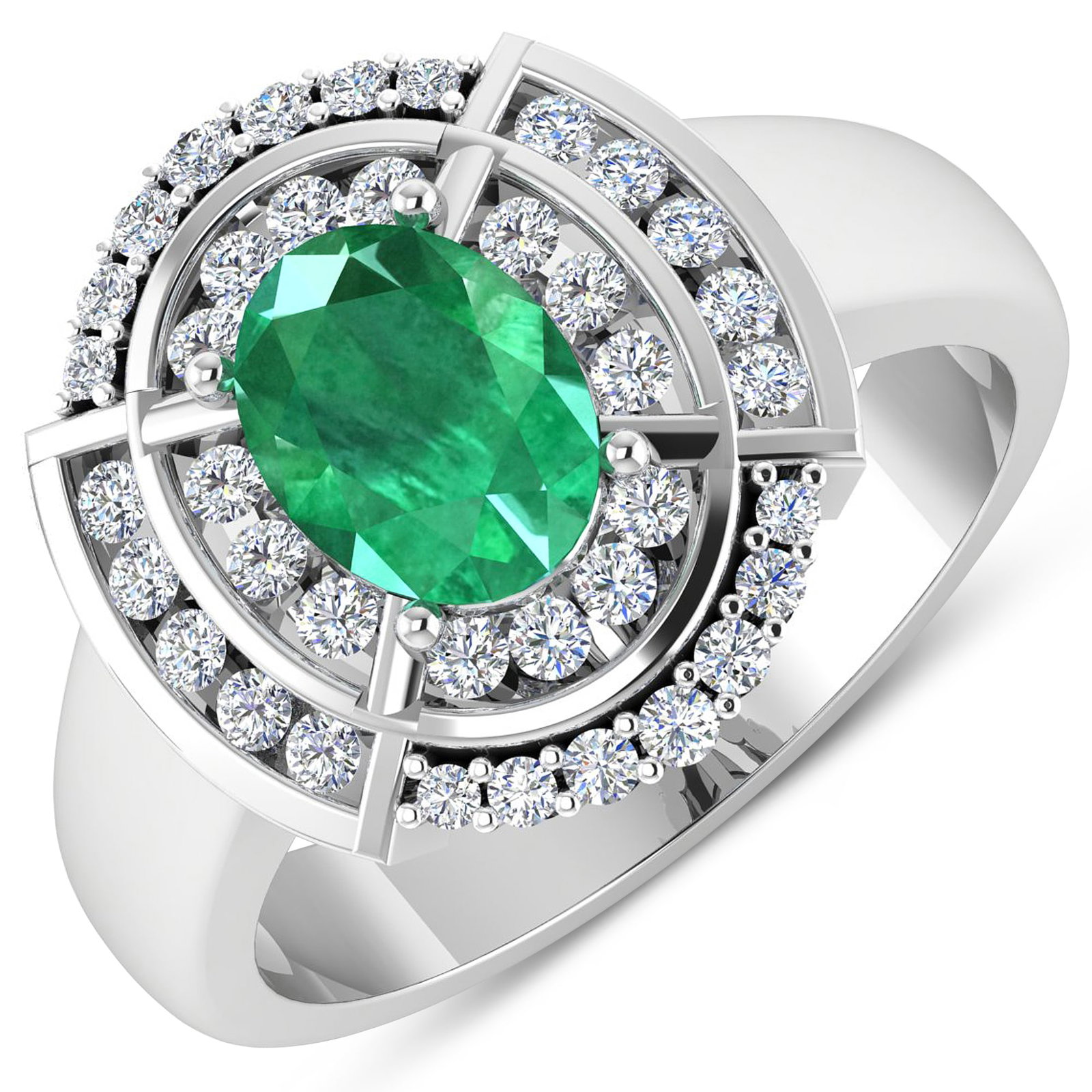 14KT White Gold 1ct Zambian Emerald and Diamond Ring: Zambian Emerald (AA) Oval 8x6mm - 1Pc + White Diamond F/C Round 1.50-1.60mm - 24Pcs + White Diamond F/C Round 1.20mm - 14Pcs (I1-I2/I color). Total weight of gemstone is 1cts. Total weight of Diamonds
