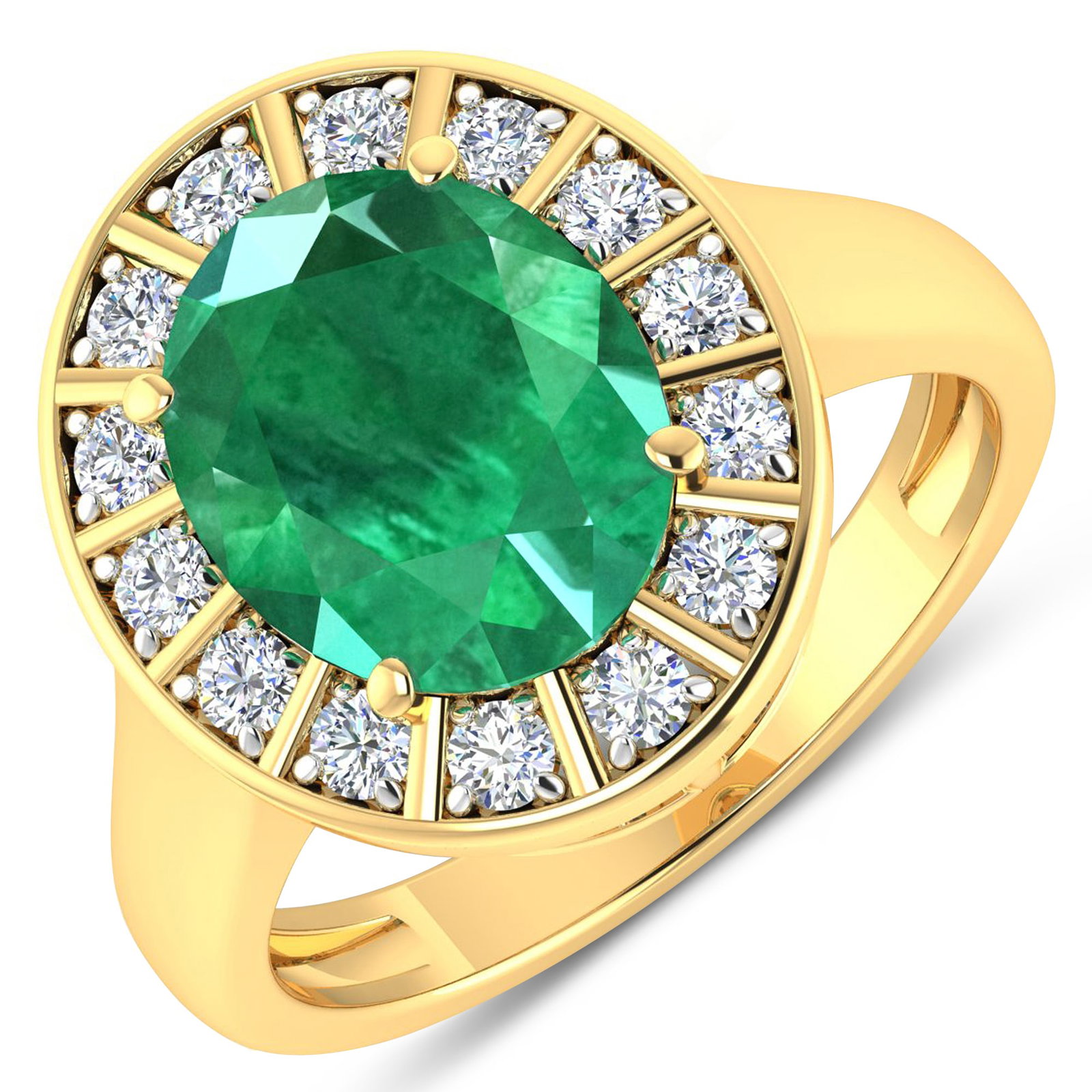 14KT Yellow Gold 3.14ct Zambian Emerald and Diamond Ring: Zambian Emerald (AA) Oval 11x9mm - 1Pc + White Diamond F/C Round 2.00mm - 14Pcs ( White Pan Rhodium ) ( Diamond Quality : SI-2/HI ). Total weight of gemstone is 3.14cts. Total weight of Diamonds is 0.