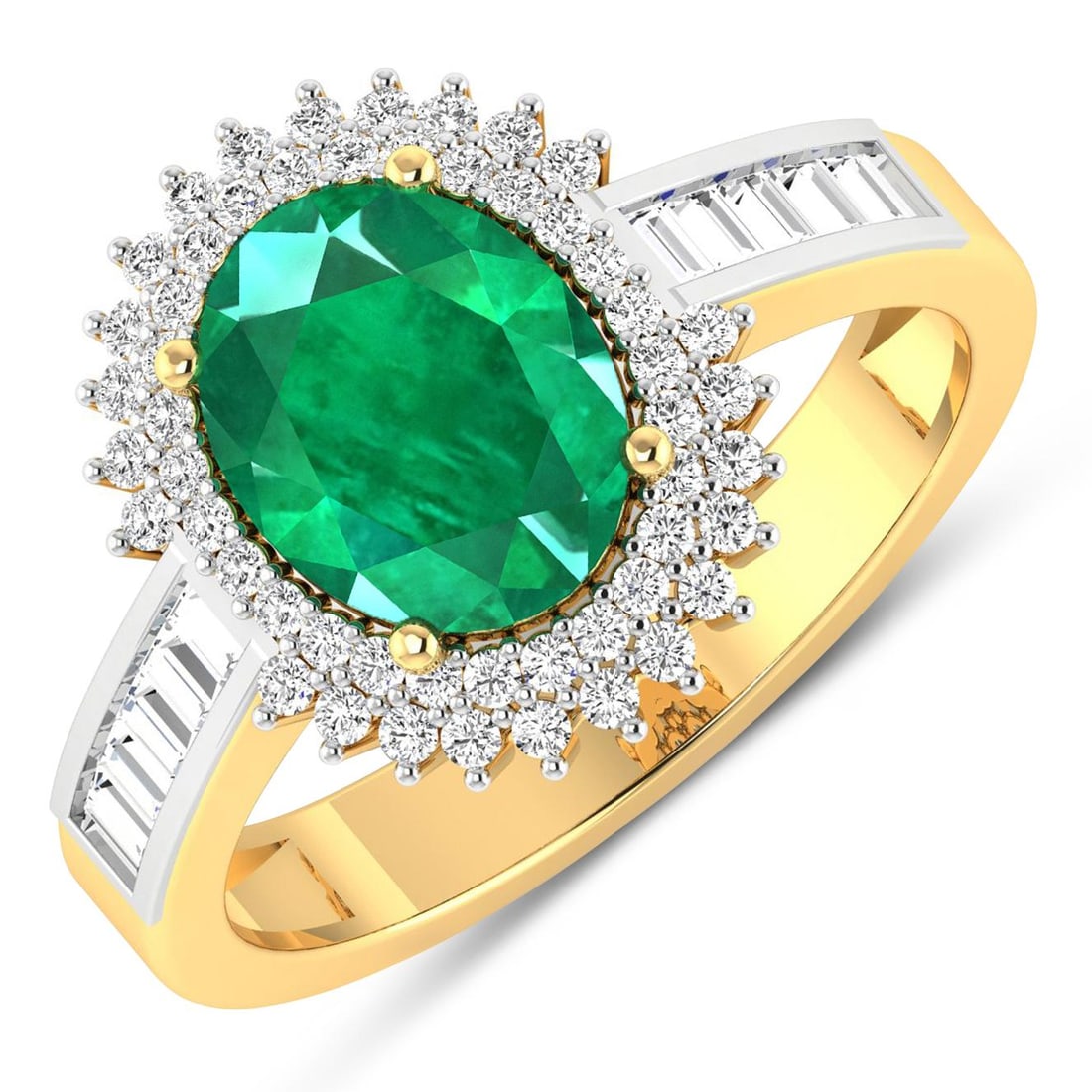 14KT Yellow Gold 1.53ctw Zambian Emerald and Diamond Ring: Zambian Emerald (AA) Oval 9x7mm - 1Pc + White Diamond Baguette 2.00x1.50mm - 10Pcs + White Diamond F/C Round 1.00mm - 52Pcs ( White Pan Rhodium ) ( SI-2/HI ) Total weight of gemstone is 1.53cts. Total