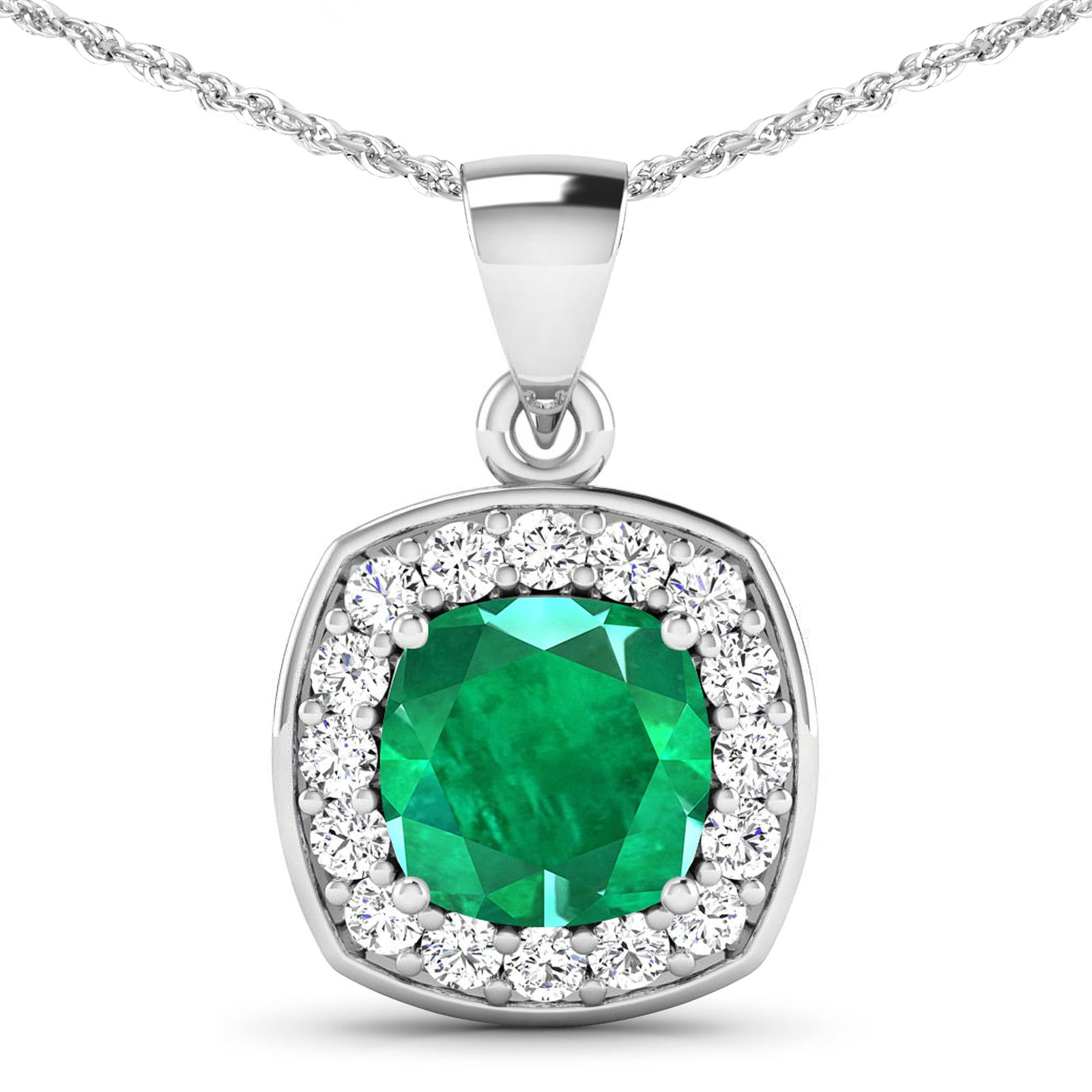 14KT White Gold 2.00ct Zambian Emerald and Diamond Pendant with Chain: 1 Zambian Emerald with a total weight of 2.00cts. Zambian Emerald (AA) Cushion 8.00mm - 1Pc + White Diamond F/C Round 2.00mm - 16Pcs ( Diamond Quality : SI-2/HI ). Diamonds with a total weight of 0.48