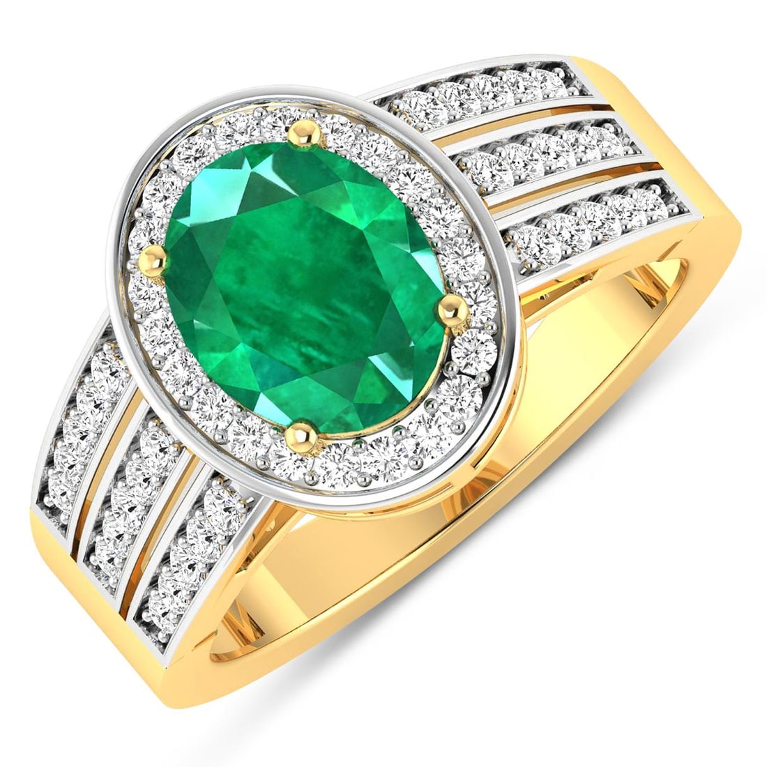 14KT Yellow Gold 1.53ctw Zambian Emerald and Diamond Ring: Zambian Emerald (AA) Oval 9x7mm - 1Pc + White Diamond F/C Round 1.30mm - 32Pcs + White Diamond F/C Round 1.20mm - 6Pcs + White Diamond F/C Round 1.10mm - 6Pcs + White Diamond F/C Round 1.00mm - 8Pcs (