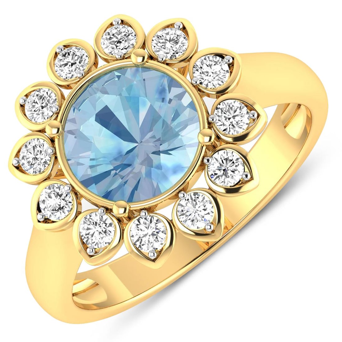 14KT Yellow Gold 1.9ctw Aquamarine and Diamond Ring: Aquamarine (AA+) Round 8.00mm - 1Pc + White Diamond F/C Round 2.00mm - 12Pcs ( White Pan Rhodium ) ( SI-2/HI ) Total weight of gemstone is 1.9cts. Total Diamond weight is 0.36cts. Total weight of this