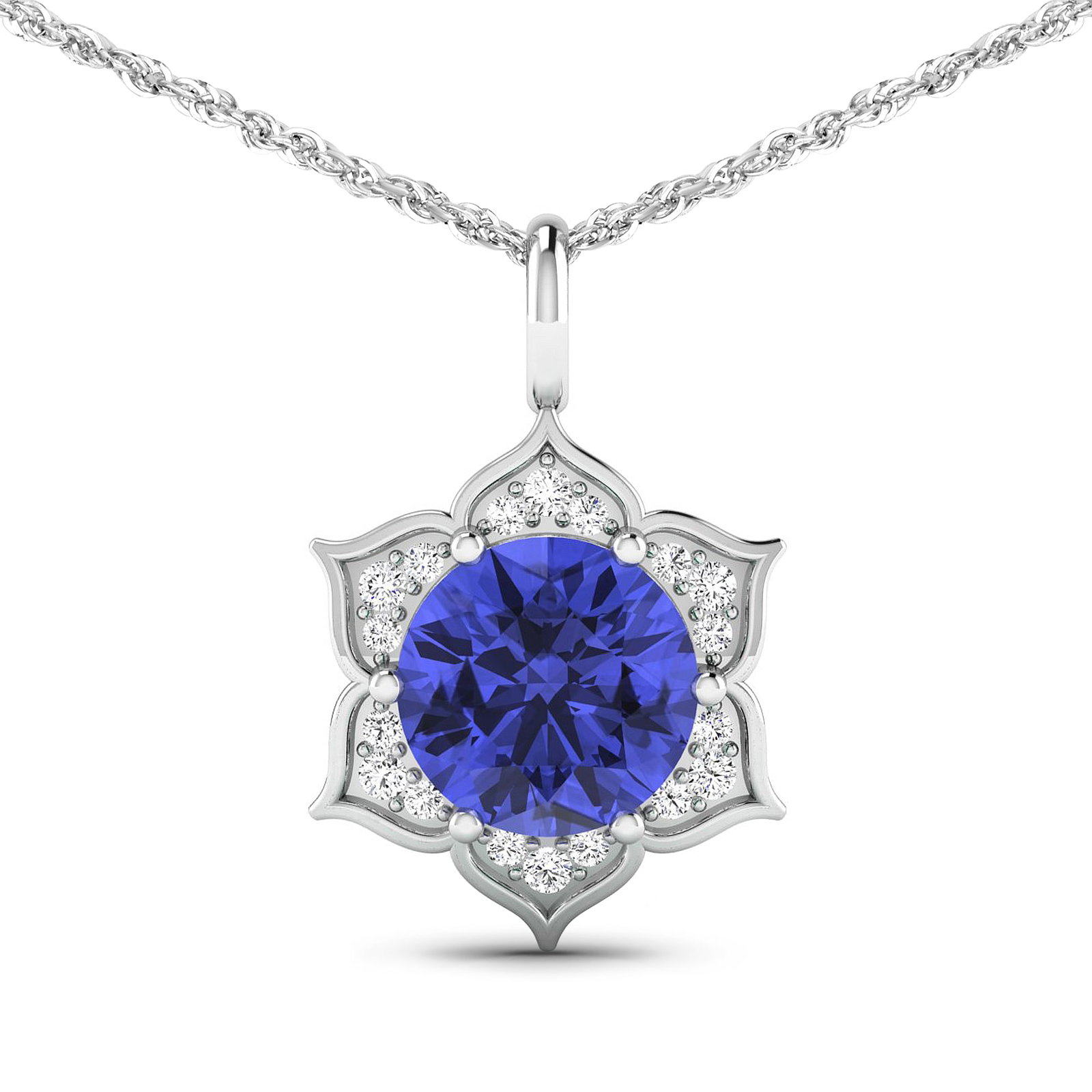 14KT White Gold 2.02ctw Tanzanite and Diamond Pendant: Tanzanite (AA+) Round 8.00mm - 1Pc + White Diamond F/C Round 1.30mm - 6Pcs + White Diamond F/C Round 1.10mm - 12Pcs ( SI2/HI color ) Total weight of gemstone is 2.02cts. Total Diamond weight is 0.14ct