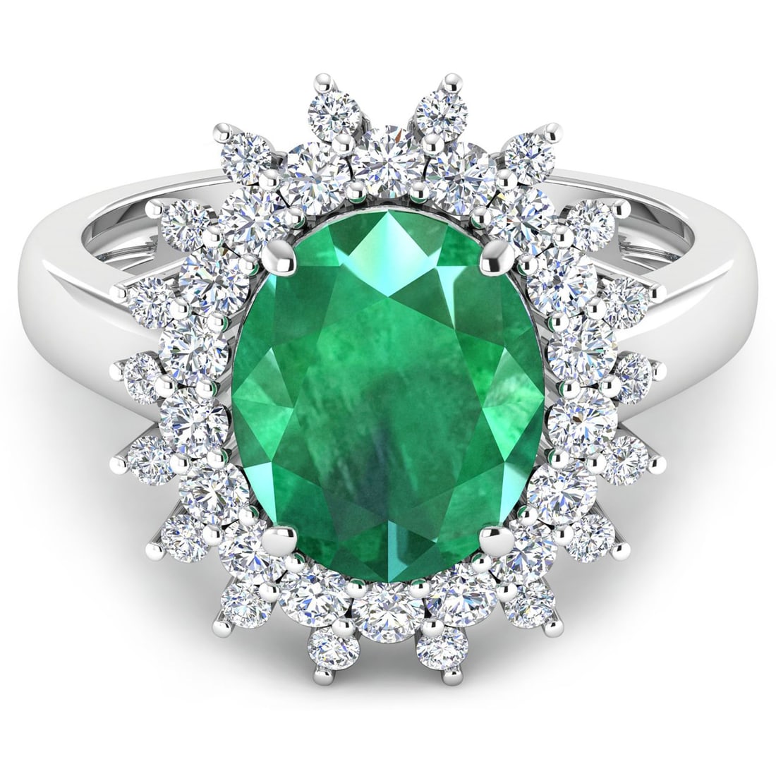 14KT White Gold 3.14ct Zambian Emerald and Diamond Ring: 1 Zambian Emerald with a total weight of 3.14cts. Zambian Emerald (AA) Oval 11x9mm - 1Pc + White Diamond F/C Round 2.00mm - 18Pcs + White Diamond F/C Round 1.50mm - 18Pcs ( Diamond Quality : SI-2/HI )