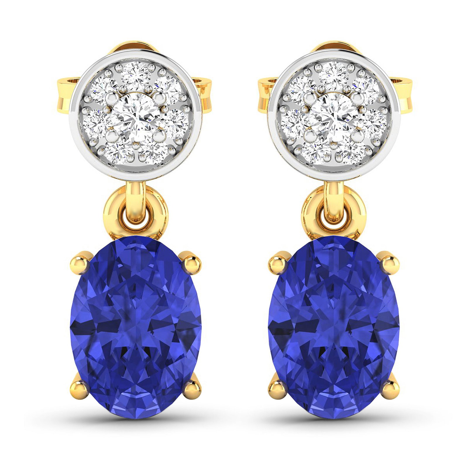 14KT Yellow Gold 1.24ctw Tanzanite and Diamond Earrings: Tanzanite (AA+) Oval 7x5mm - 2Pcs + White Diamond F/C Round 1.80mm - 2Pcs + White Diamond F/C Round 1.00mm - 14Pcs ( Push-Post ) ( White Pan Rhodium ) ( I1-I2/I color ) Total weight of gemstones is 1.