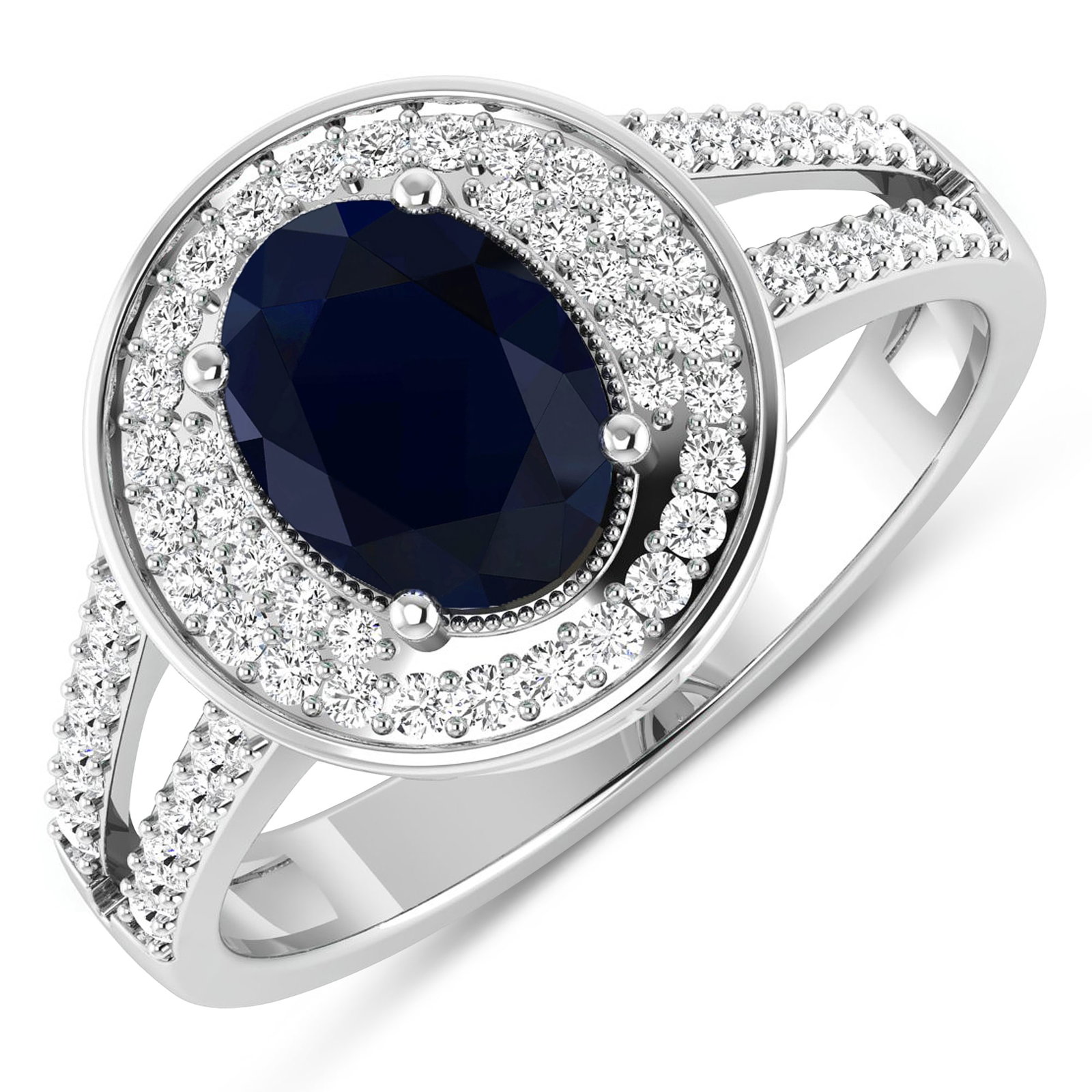 14KT White Gold 1.3ctw Blue Sapphire and Diamond Ring: Blue Sapphire (AA) Oval 8x6mm - 1Pc + White Diamond F/C Round 1.10mm - 24Pcs + White Diamond F/C Round 1.00mm - 40Pcs ( I1-I2/I color ) Total weight of gemstone is 1.3cts. Total Diamond weight is 0.34