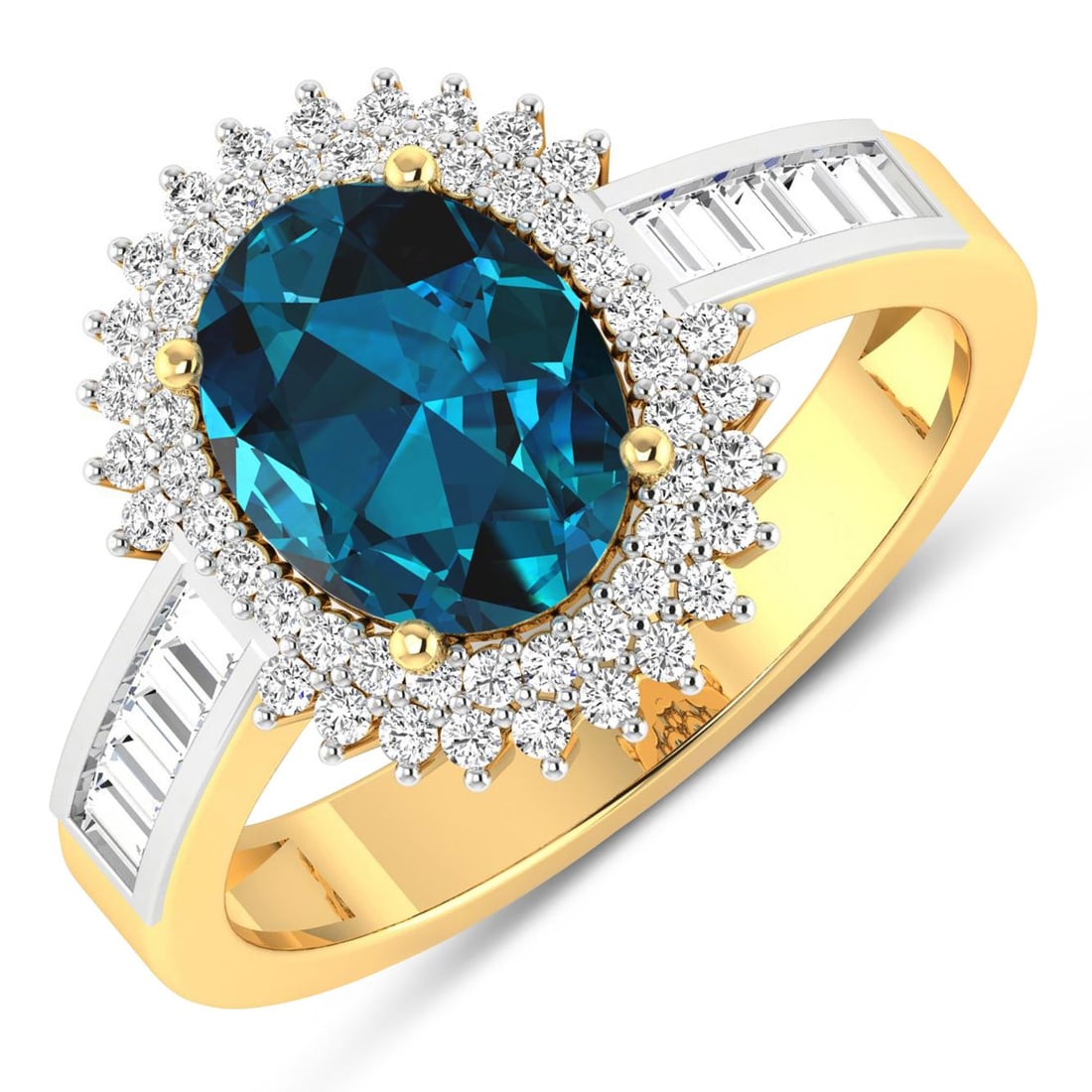14KT Yellow Gold 1.9ctw London Blue Topaz and Diamond Ring: London Blue Topaz Oval 9x7mm - 1Pc + White Diamond Baguette 2.00x1.50mm - 10Pcs + White Diamond F/C Round 1.00mm - 52Pcs ( White Pan Rhodium ) ( SI-2/HI ) Total weight of gemstone is 1.9cts. Total Dia