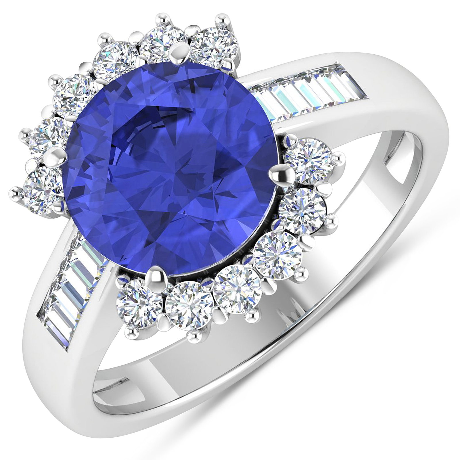 14KT White Gold 2.57ct Tanzanite and Diamond Ring: Tanzanite (AA+) Round 9.00mm - 1Pc + White Diamond Baguette 2.00x1.50mm - 8Pcs + White Diamond F/C Round 2.00mm - 12Pcs ( Diamond Quality : SI-2/HI ). Total weight of gemstone is 2.57cts. Total weight