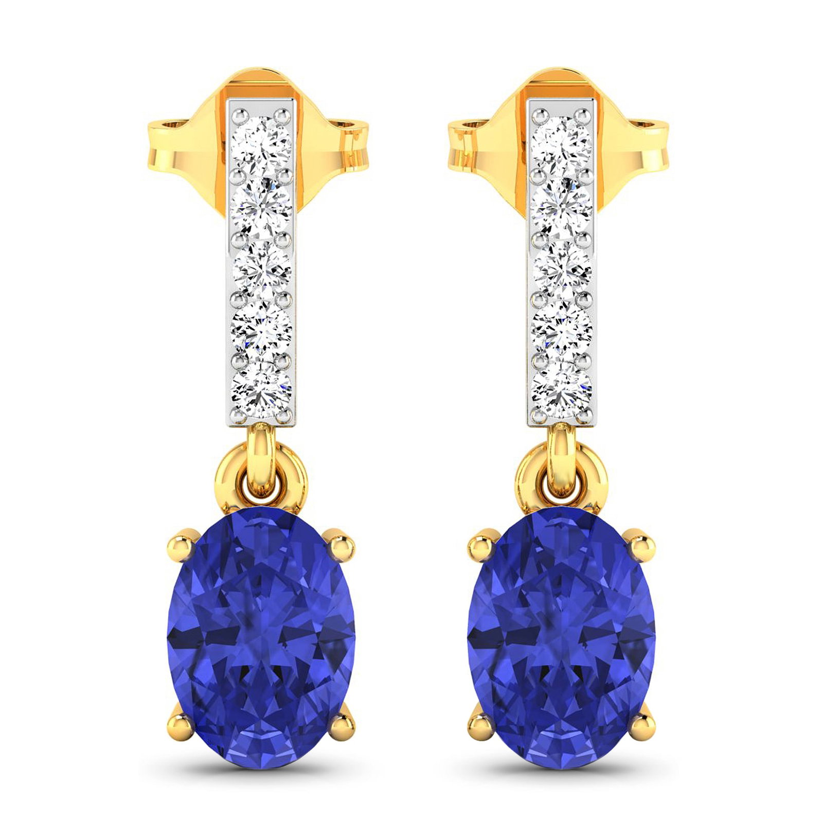 14KT Yellow Gold 1.24ctw Tanzanite and Diamond Earrings: Tanzanite (AA+) Oval 7x5mm - 2Pcs + White Diamond F/C Round 1.50mm - 10Pcs ( Push-Post ) ( White Pan Rhodium ) ( I1-I2/I color ) Total weight of gemstones is 1.24cts. Total Diamond weight is 0.14cts. 