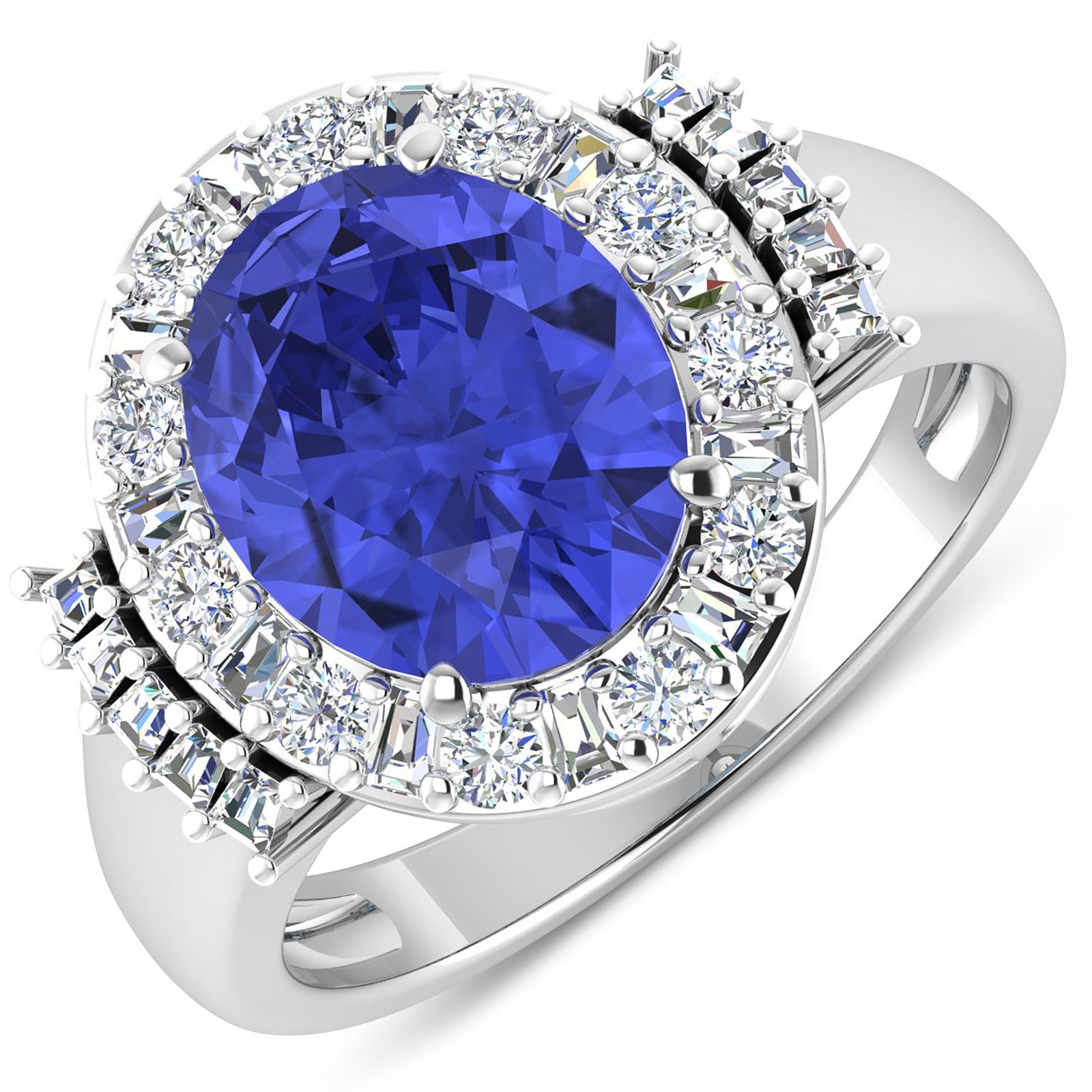 14KT White Gold 3.43ct Tanzanite and Diamond Ring: Tanzanite (AA+) Oval 11x9mm - 1Pc + White Diamond Tapper Baguette 2.00x1.50x1.10mm - 11Pcs + White Diamond Tapper Baguette 1.50x1.40x1.00mm - 10Pcs + White Diamond F/C Round 2.00mm - 11Pcs ( Diamond Q