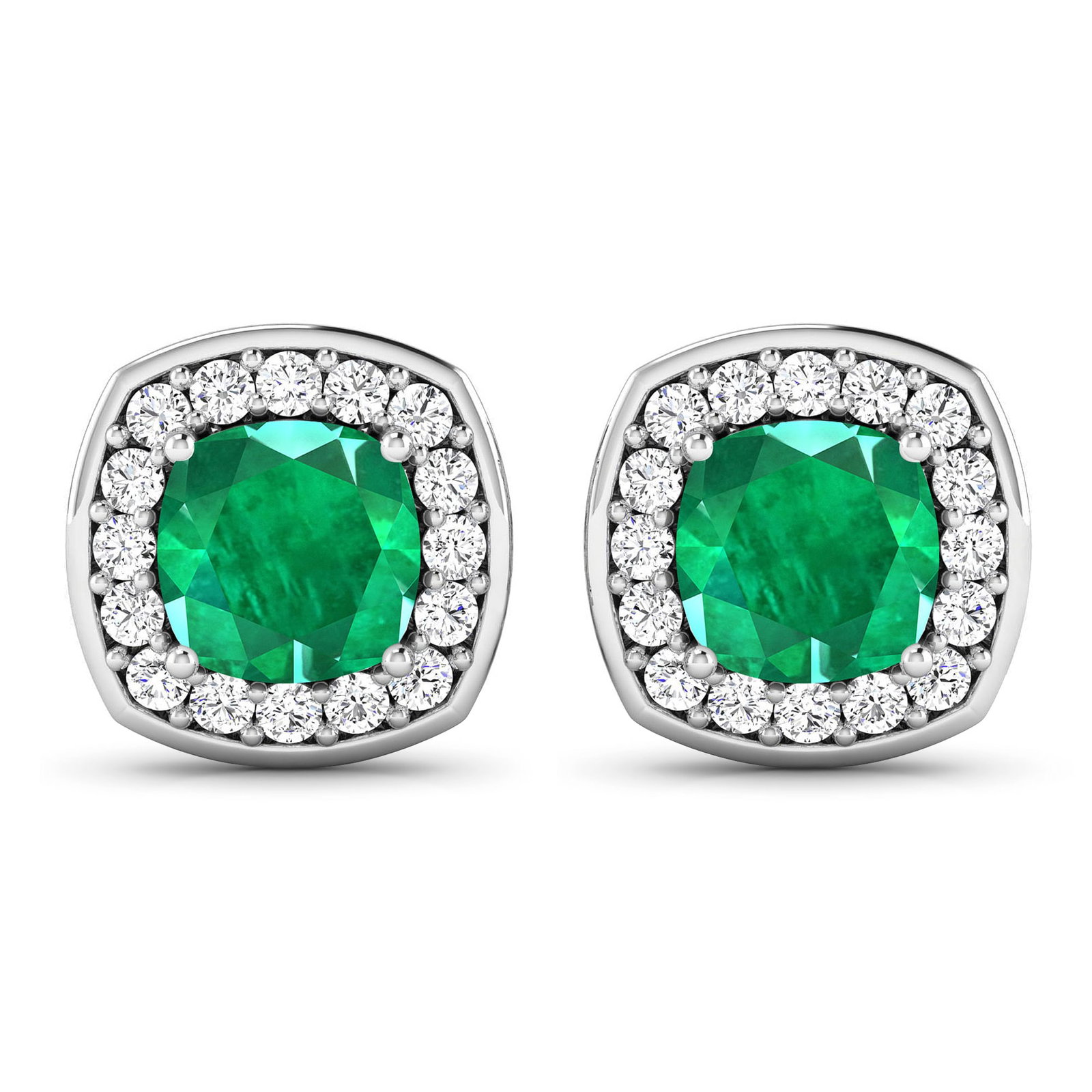 14KT White Gold 1.92ctw Zambian Emerald and Diamond Earrings: Zambian Emerald (AA) Cushion 6.00mm - 2Pcs + White Diamond F/C Round 1.50mm - 32Pcs ( Diamond Quality : SI-2/HI ) ( Push Post ) Total weight of gemstones is 1.92cts. Total Diamond weight is 0.44cts. T
