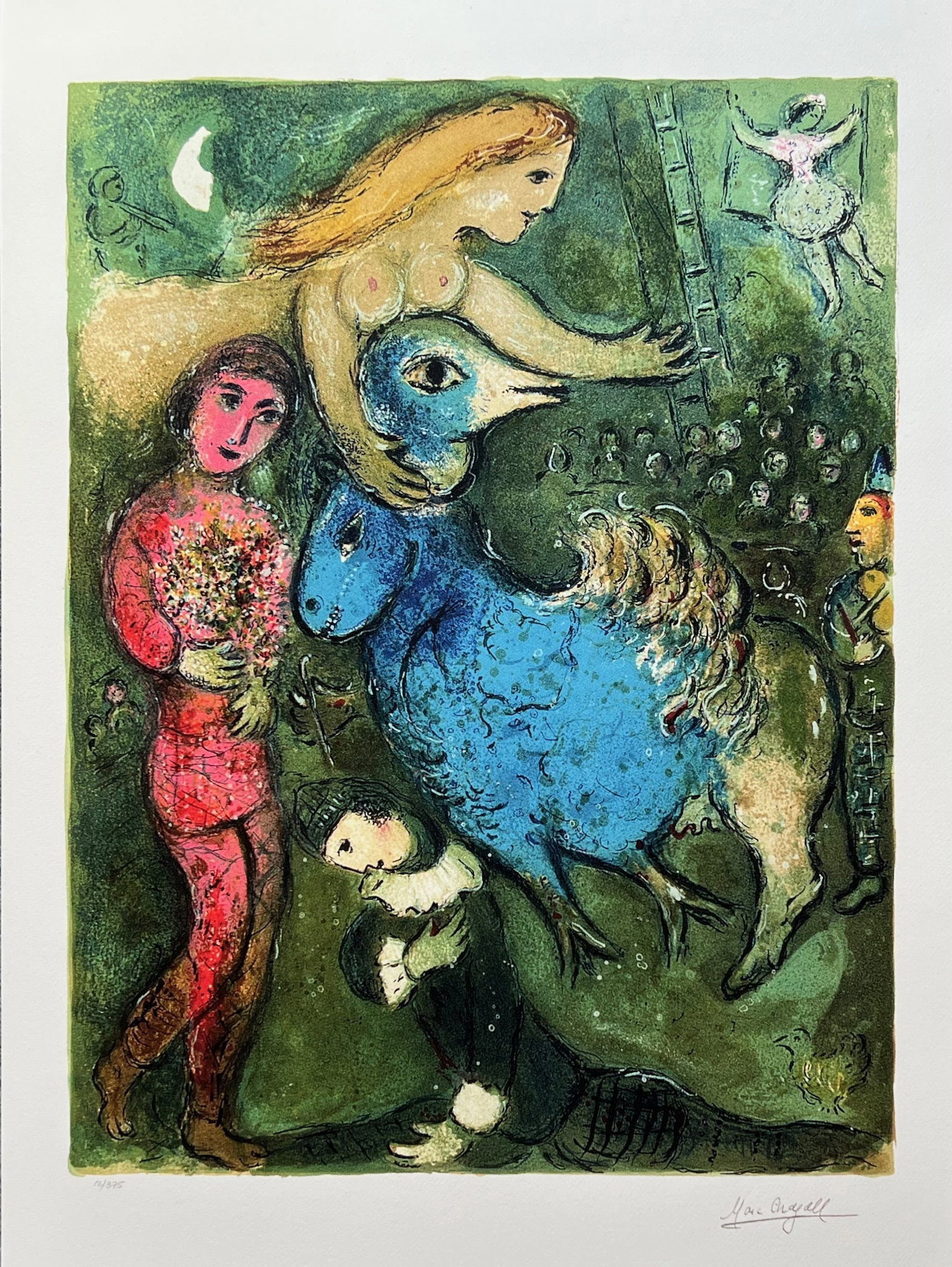 Marc Chagall CIRCUS FRONTISPIECE Limited Edition Facsimile Signed Giclee: This is a Marc Chagall limited edition small giclee titled CIRCUS FRONTISPIECE. This giclee is facsimile signed on the lower right and is pencil numbered on the lower left from an edition of 375. Pape