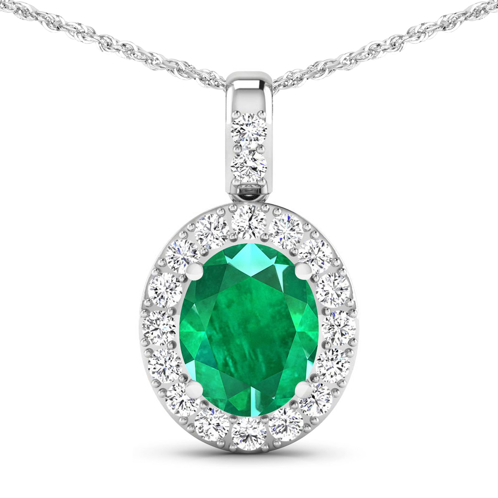 14KT White Gold 2.15ctw Zambian Emerald and Diamond Pendant: Zambian Emerald (AA) Oval 10x8mm - 1Pc + White Diamond F/C Round 2.00mm - 18Pcs ( Diamond Quality : SI-2/HI ) Total weight of gemstone is 2.15cts. Total Diamond weight is 0.54cts. Total weight of this