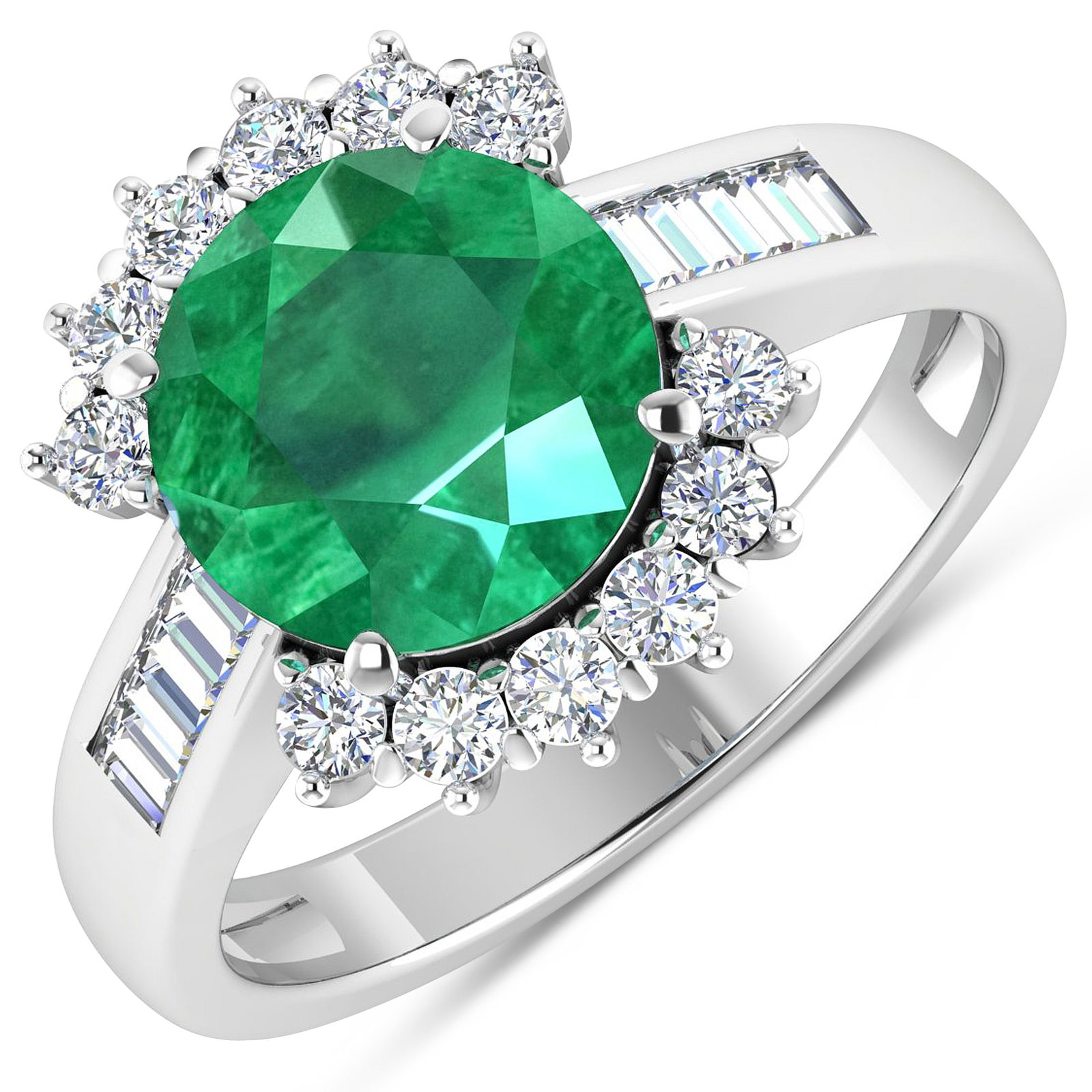 14KT White Gold 2.75ct Zambian Emerald and Diamond Ring: Zambian Emerald (AA) Round 9.00mm - 1Pc + White Diamond Baguette 2.00x1.50mm - 8Pcs + White Diamond F/C Round 2.00mm - 12Pcs ( Diamond Quality : SI-2/HI ). Total weight of gemstone is 2.75cts. Total w