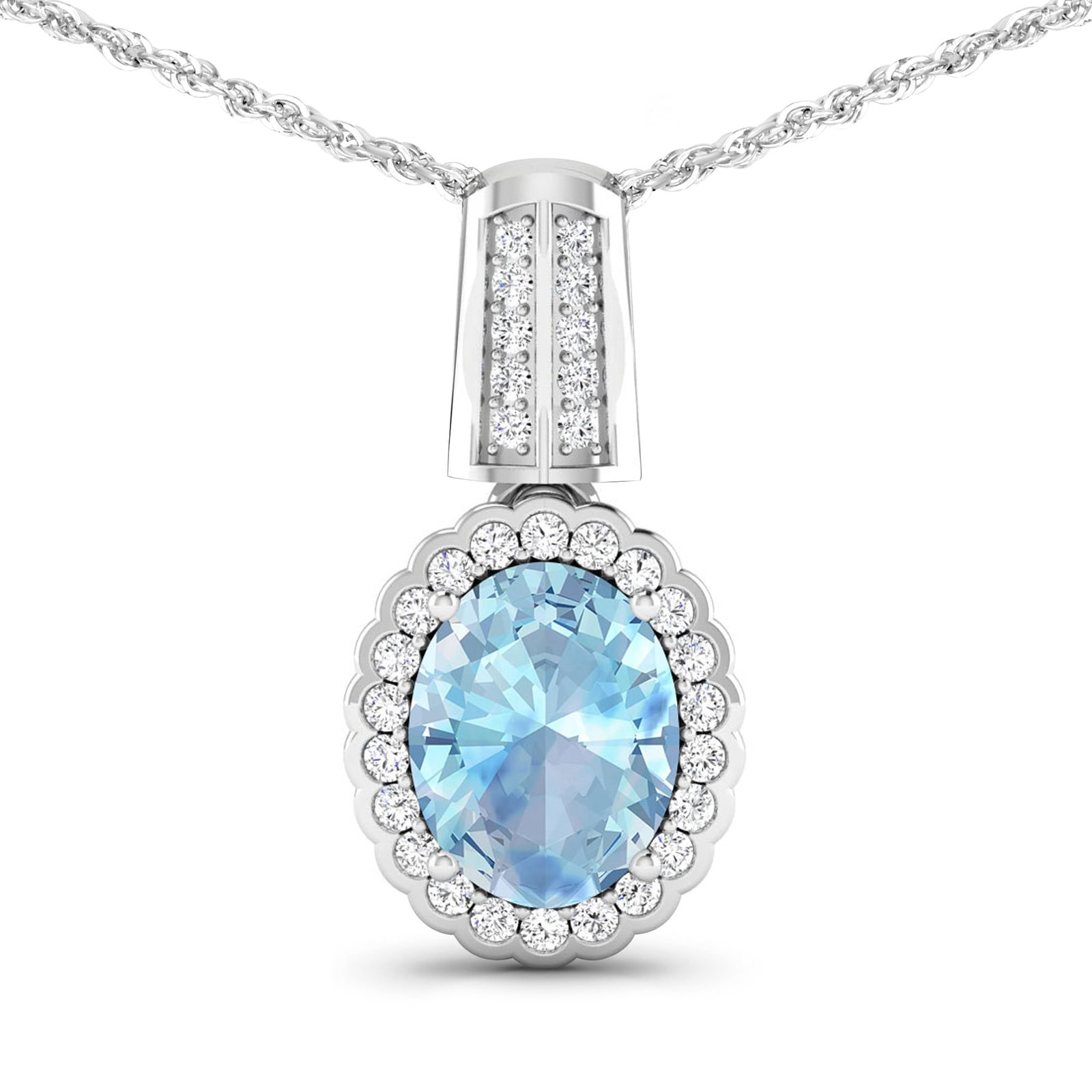 14KT White Gold 1.4ctw Aquamarine and Diamond Pendant: Aquamarine Oval 9x7mm - 1Pc + White Diamond F/C Round 1.20mm - 22Pcs + White Diamond F/C Round 1.00mm - 10Pcs (I1-I2/I color) Total weight of gemstone is 1.4cts. Total Diamond weight is 0.22cts. Total
