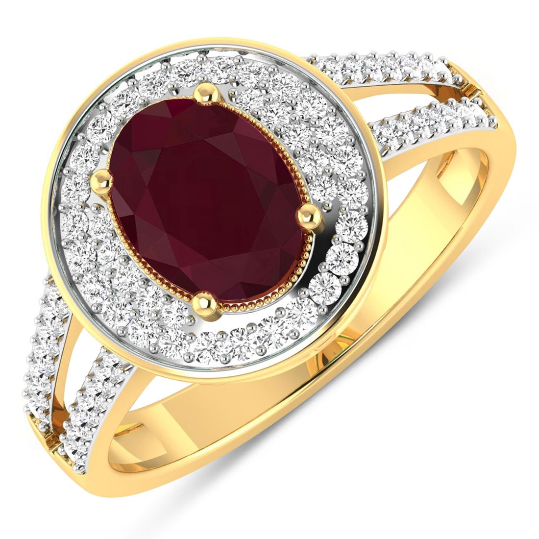 14KT Yellow Gold 1.5ctw Ruby and Diamond Ring: Ruby (AA) Oval 8x6mm - 1Pc + White Diamond F/C Round 1.10mm - 24Pcs + White Diamond F/C Round 1.00mm - 40Pcs ( White Pan Rhodium ) ( I1-I2/I color ) Total weight of gemstone is 1.5cts. Total Diamond w