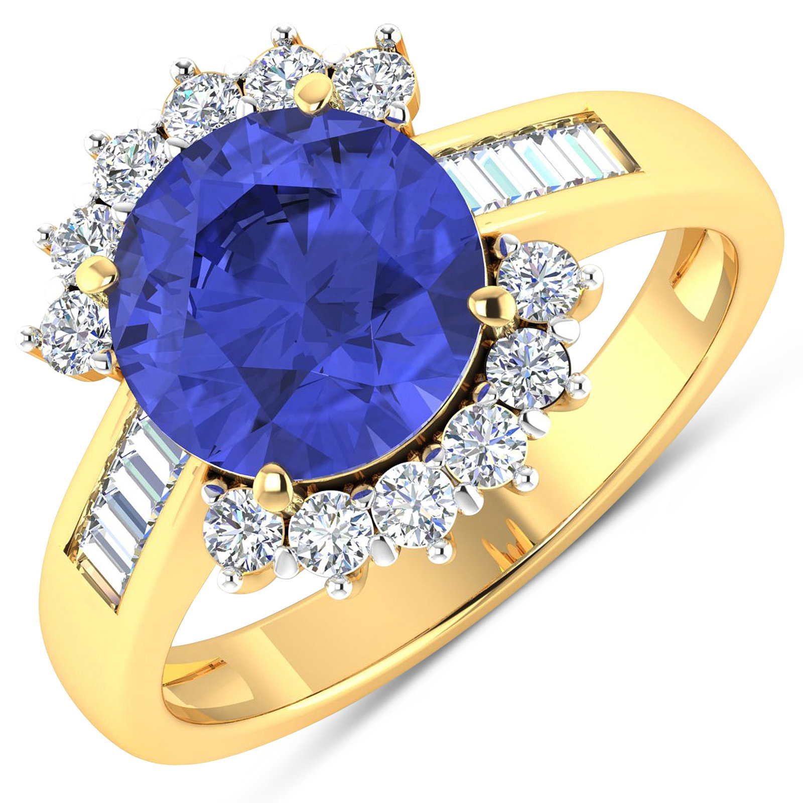 14KT Yellow Gold 2.57ct Tanzanite and Diamond Ring: Tanzanite (AA+) Round 9.00mm - 1Pc + White Diamond Baguette 2.00x1.50mm - 8Pcs + White Diamond F/C Round 2.00mm - 12Pcs ( White Pan Rhodium ) ( Diamond Quality : SI-2/HI ). Total weight of gemstone is