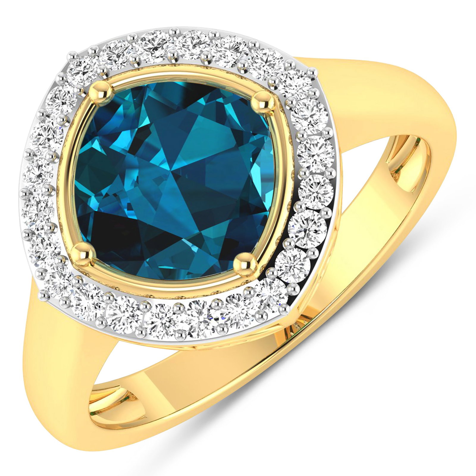 14KT Yellow Gold 2.15ctw London Blue Topaz and Diamond Ring: London Blue Topaz Cushion 8.00mm - 1Pc + White Diamond F/C Round 1.30mm - 24Pcs ( White Pan Rhodium ) ( SI-2/HI ) Total weight of gemstone is 2.15cts. Total Diamond weight is 0.24cts. Total weight of 